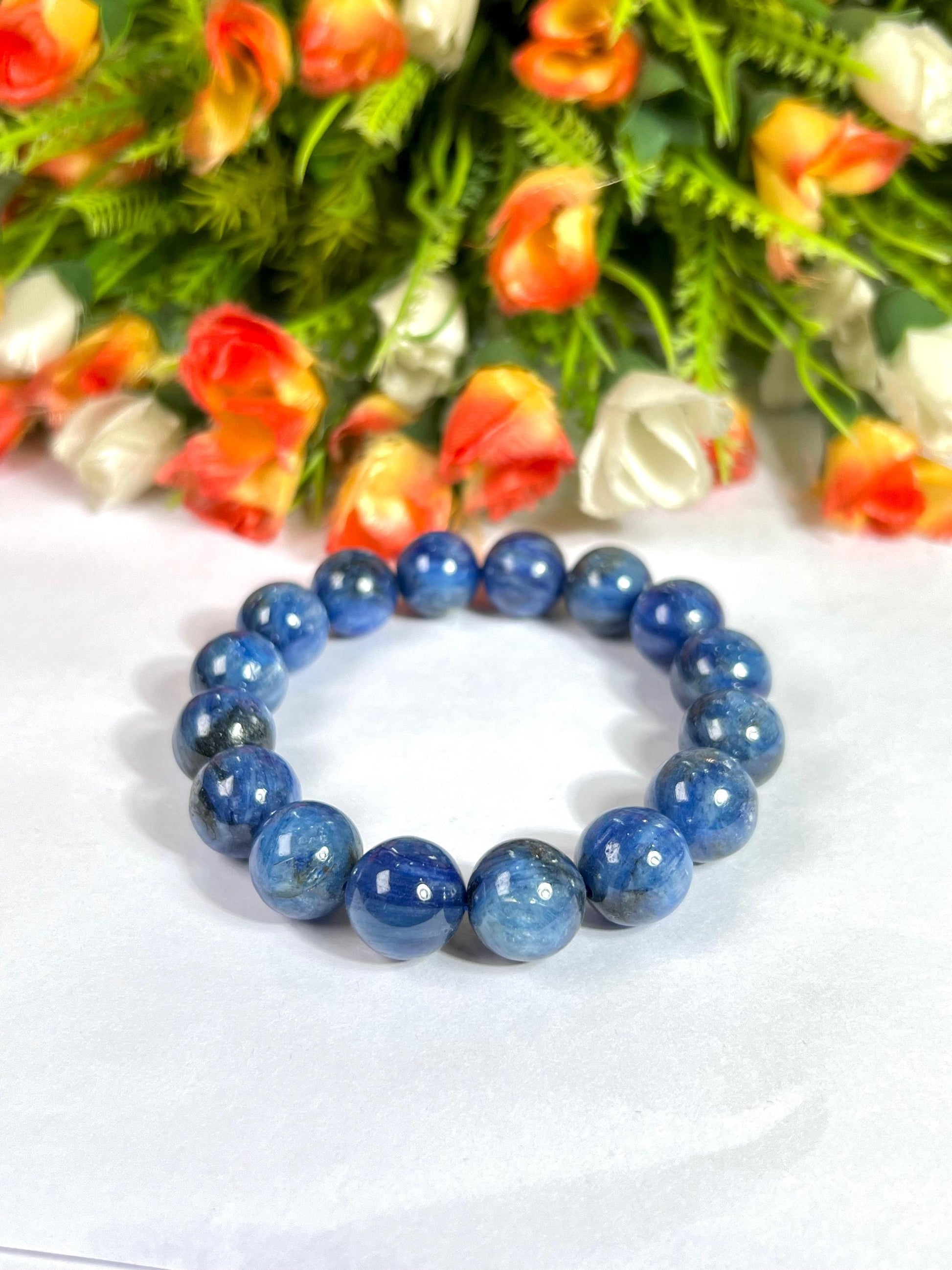 14 MM  Blue Kyanite Stone Bracelet l Stretchable Bracelet l Unisex Bracelet