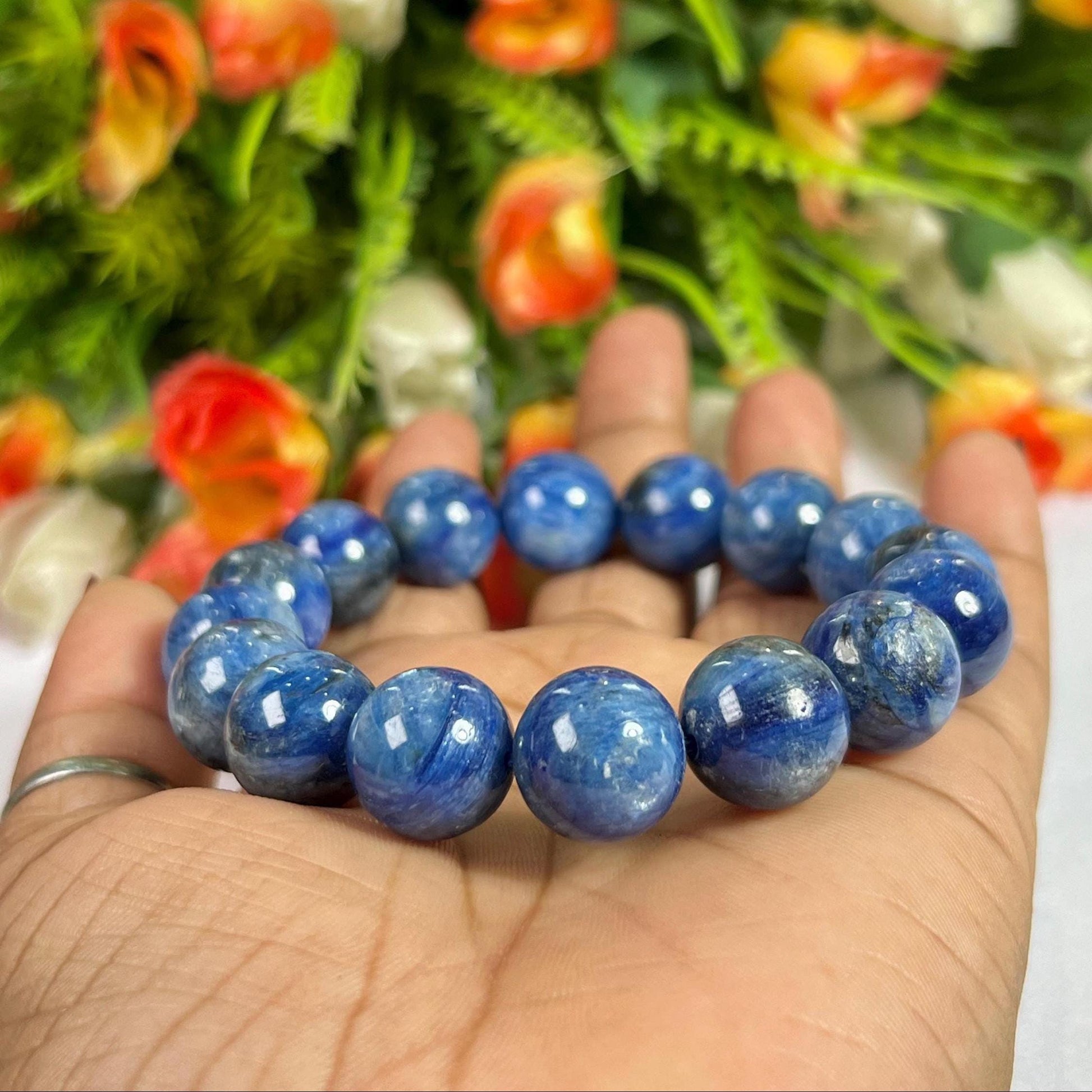 14 MM  Blue Kyanite Stone Bracelet l Stretchable Bracelet l Unisex Bracelet