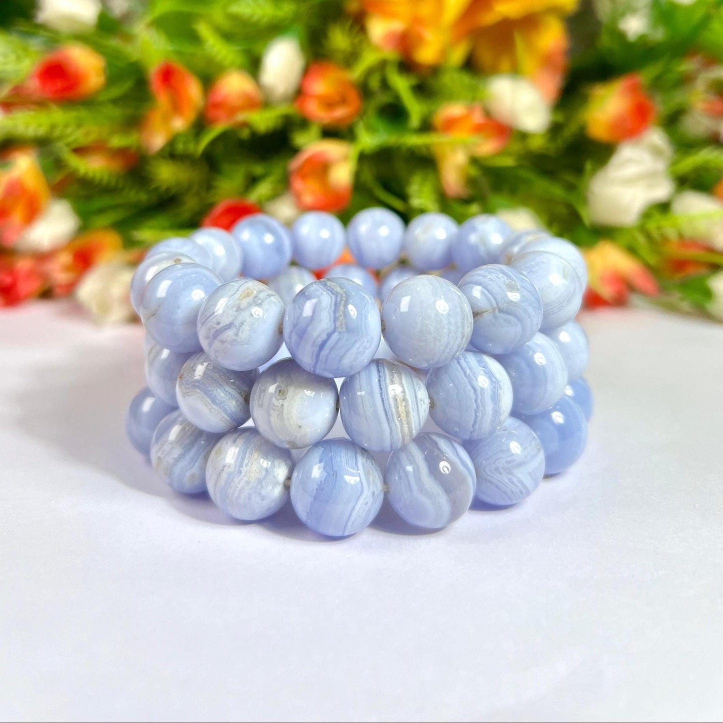 14 MM Blue Lace Agate Stone Bracelet l Stretchable Bracelet l Unisex Bracelet