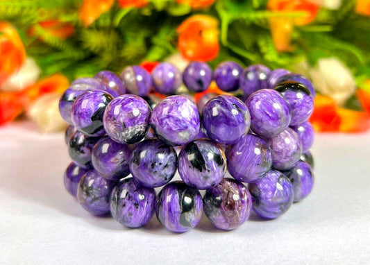 13 MM Charoite Stone Bracelet l Stretchable Bracelet l Unisex Bracelet