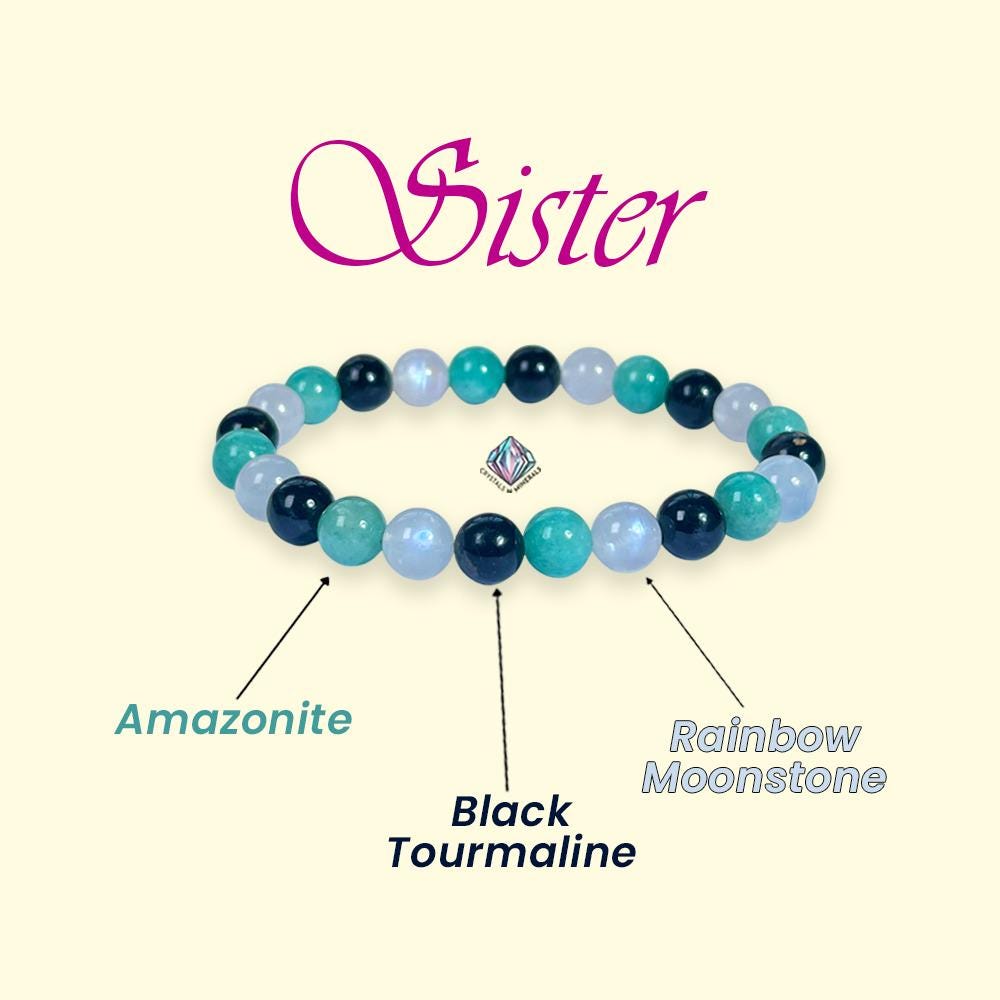 For Sister Bracelet l Amazonite , Black Tourmaline , Rainbow Moonstone  8 MM Beads Bracelet