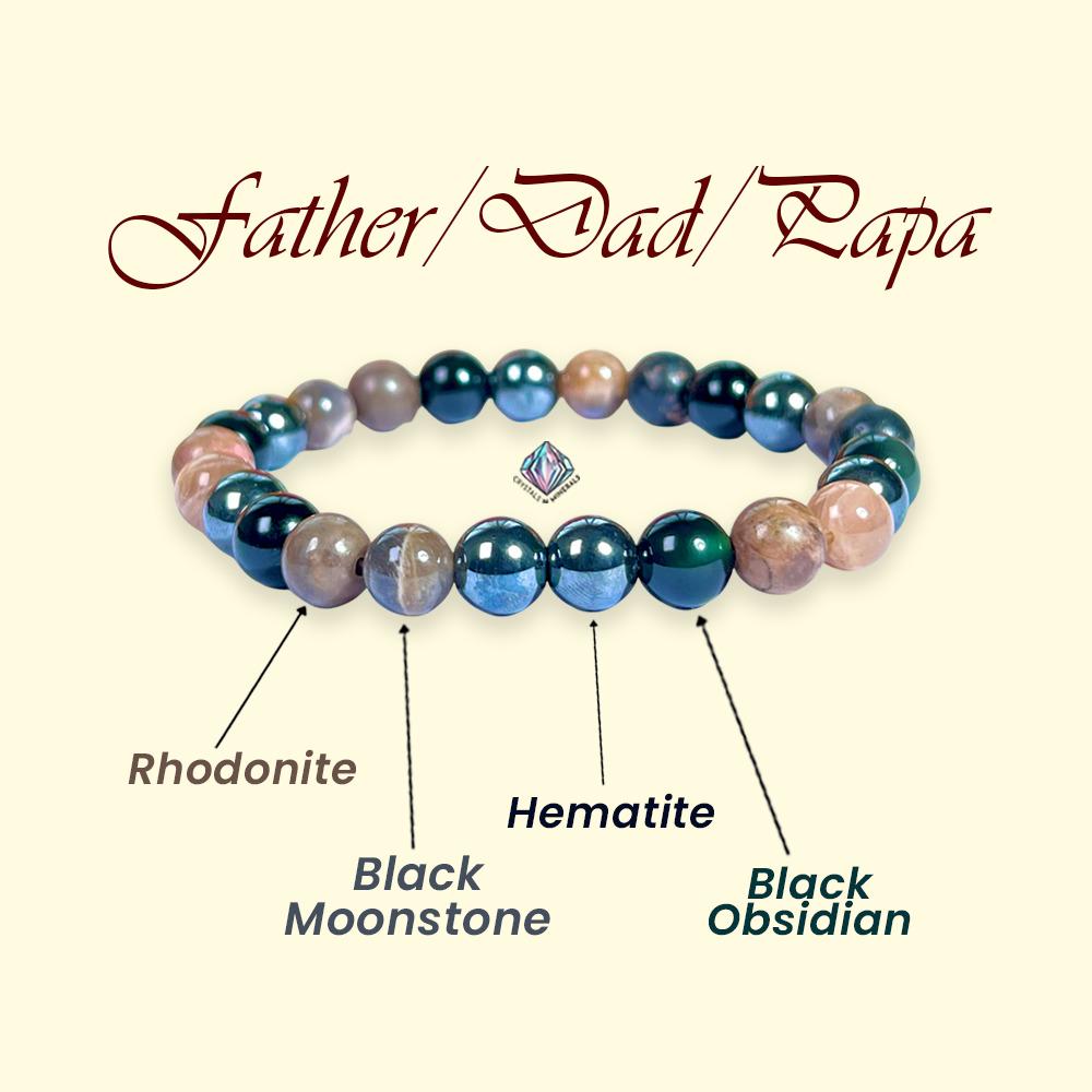 For Father / Dad / Papa Bracelet l Rhodonite , Black Moonstone , Hematite, Black Obsidian Stone 8 MM Beads Bracelet