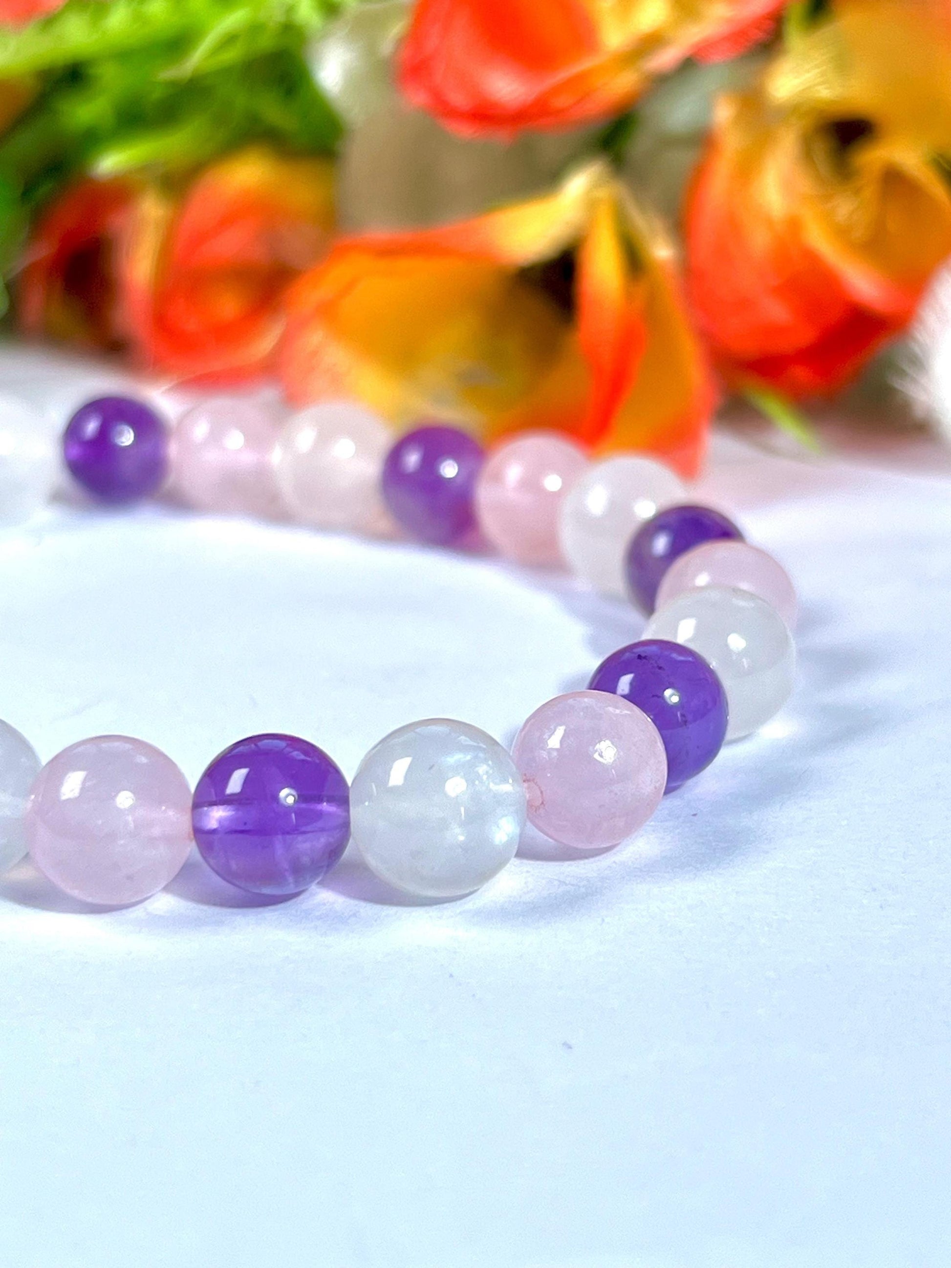 For Mother / Mummy Bracelet l Rose Quartz, Rainbow Moonstone , Amethyst Stone 8 MM Beads Bracelet