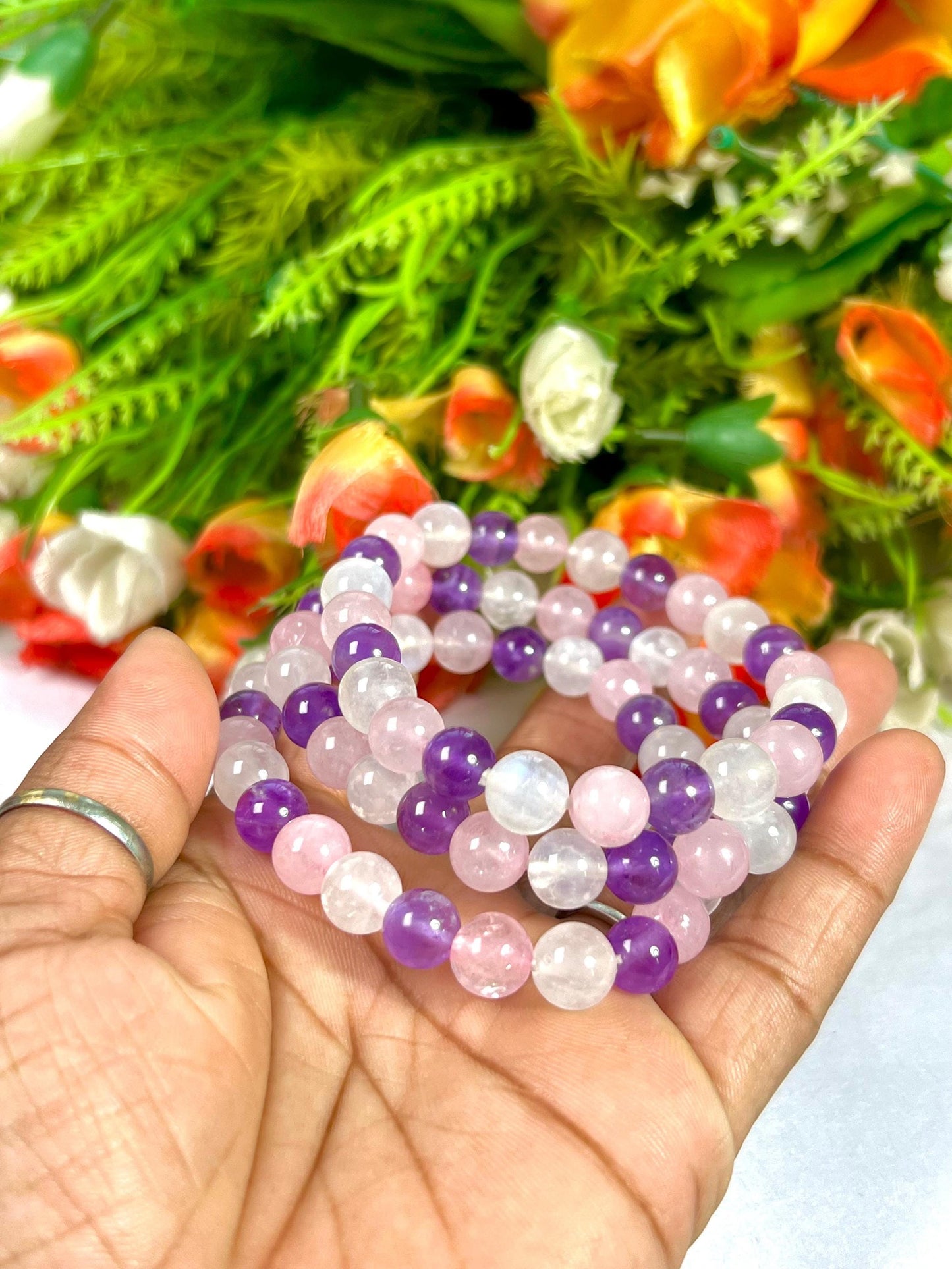 For Mother / Mummy Bracelet l Rose Quartz, Rainbow Moonstone , Amethyst Stone 8 MM Beads Bracelet