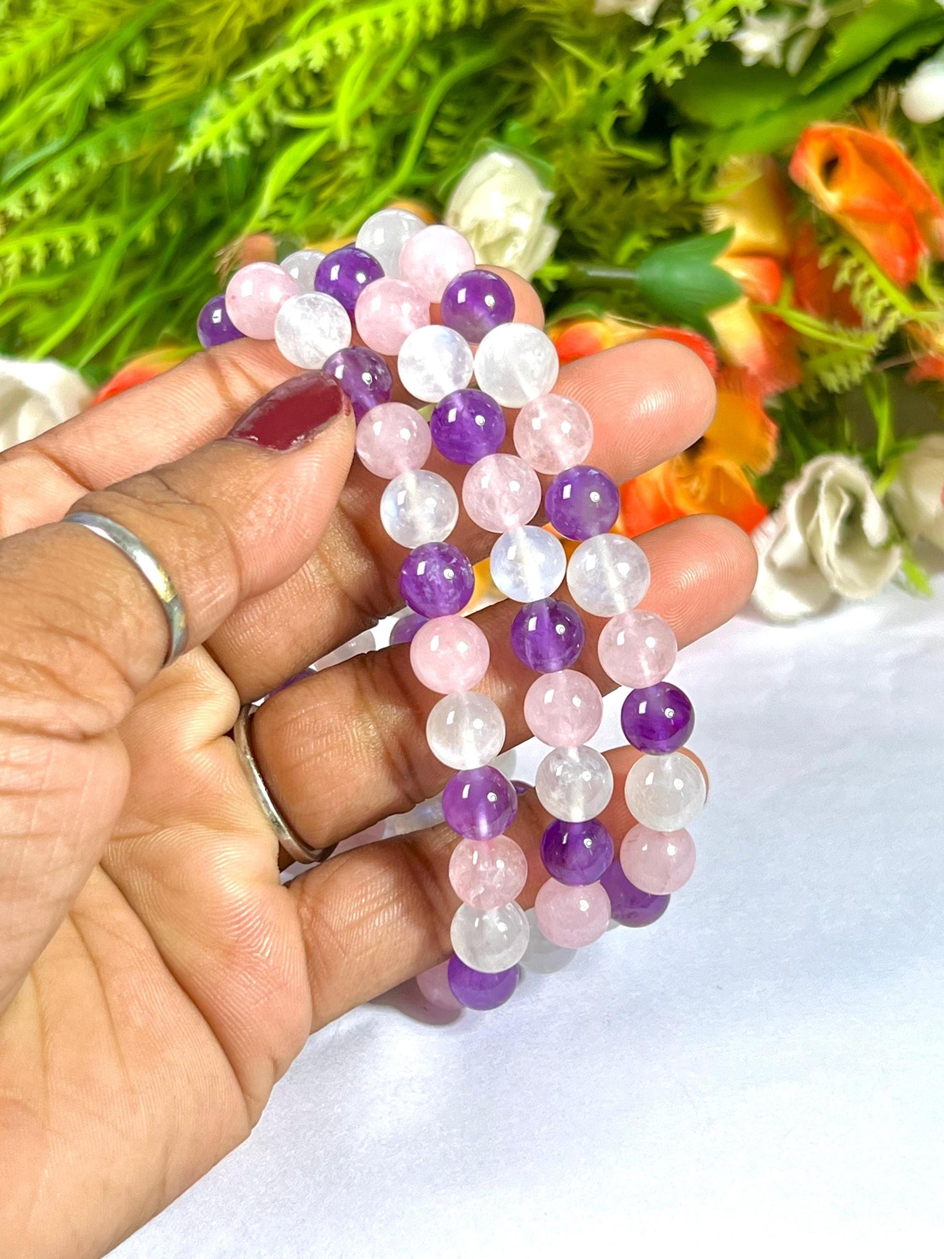 For Mother / Mummy Bracelet l Rose Quartz, Rainbow Moonstone , Amethyst Stone 8 MM Beads Bracelet