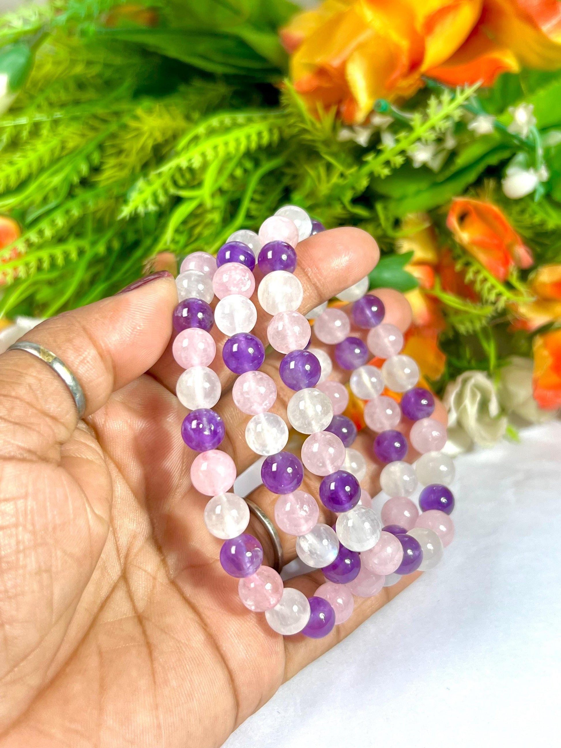 For Mother / Mummy Bracelet l Rose Quartz, Rainbow Moonstone , Amethyst Stone 8 MM Beads Bracelet