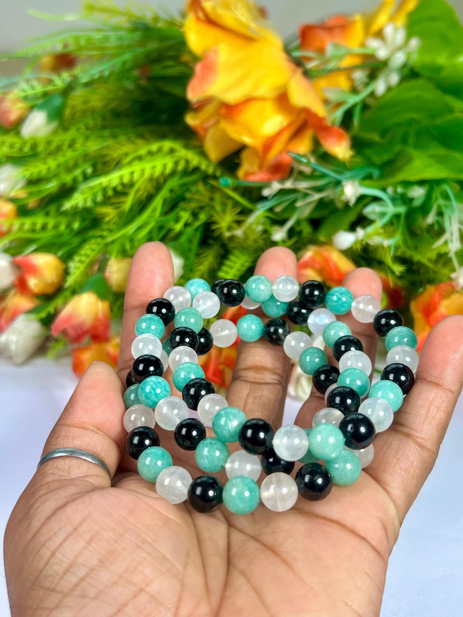 For Sister Bracelet l Amazonite , Black Tourmaline , Rainbow Moonstone  8 MM Beads Bracelet