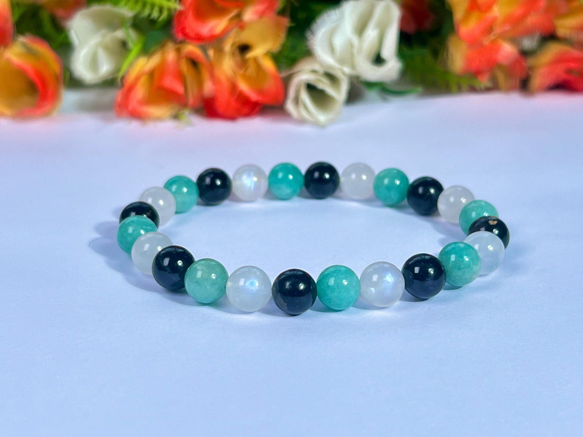 For Sister Bracelet l Amazonite , Black Tourmaline , Rainbow Moonstone  8 MM Beads Bracelet
