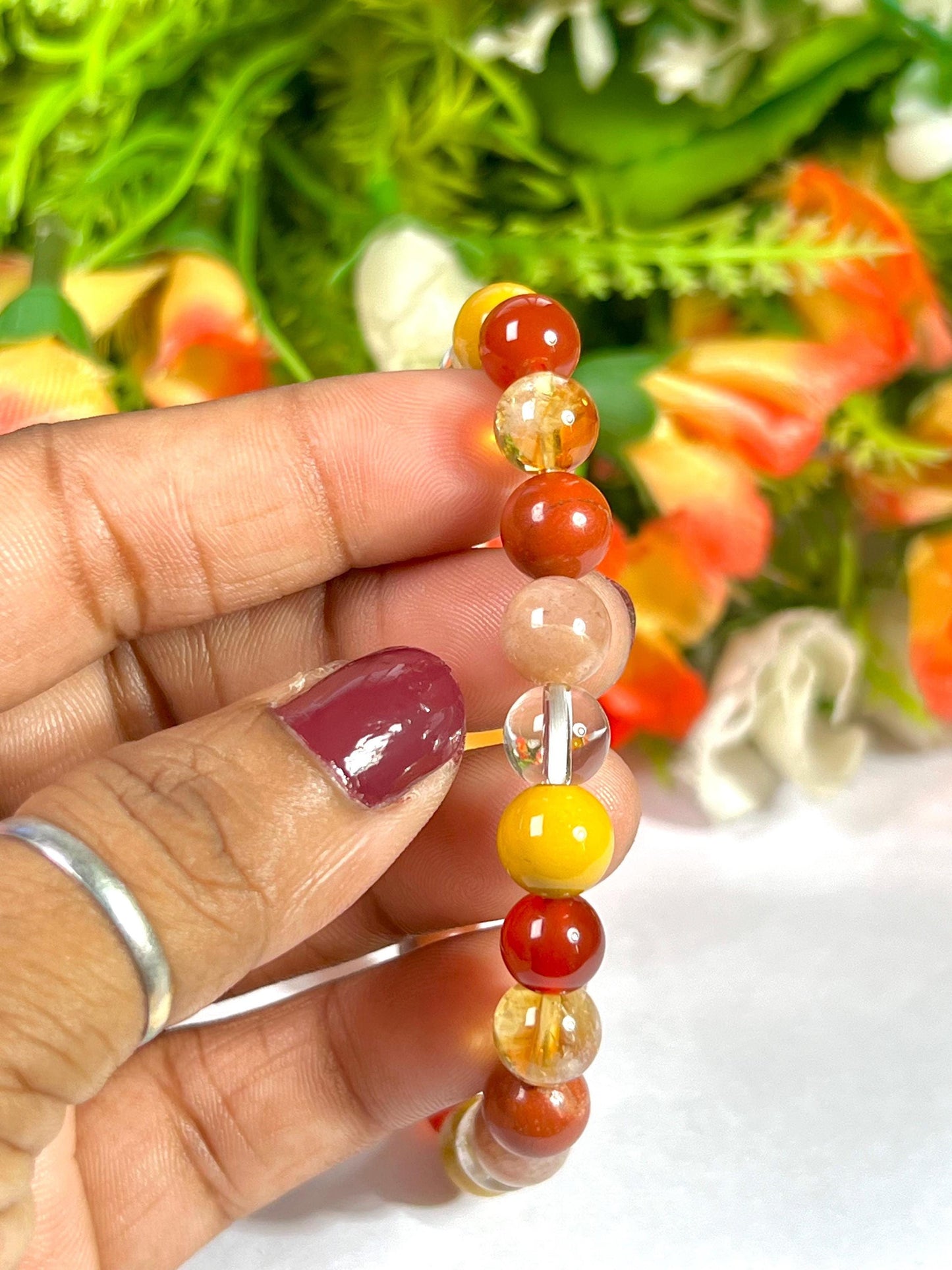 Positive Energy Stone Bracelet l Himalayan Crystal, Yellow Jasper, Carnelian, Citrine, Red Jasper, Peach Moonstone 8 MM Beads Bracelet