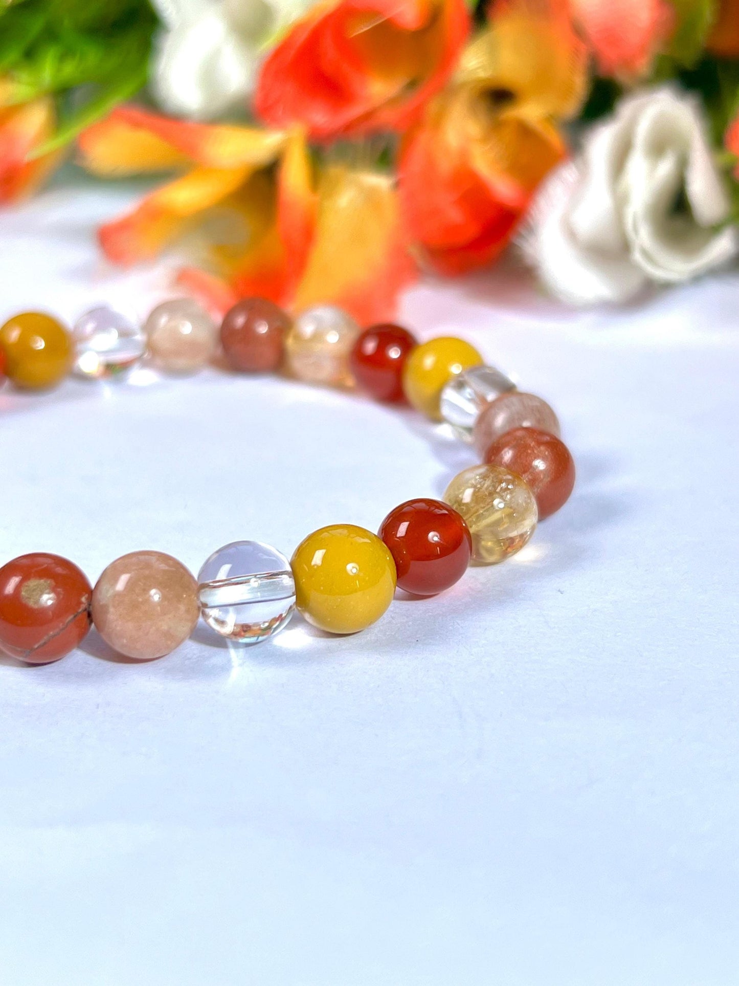 Positive Energy Stone Bracelet l Himalayan Crystal, Yellow Jasper, Carnelian, Citrine, Red Jasper, Peach Moonstone 8 MM Beads Bracelet