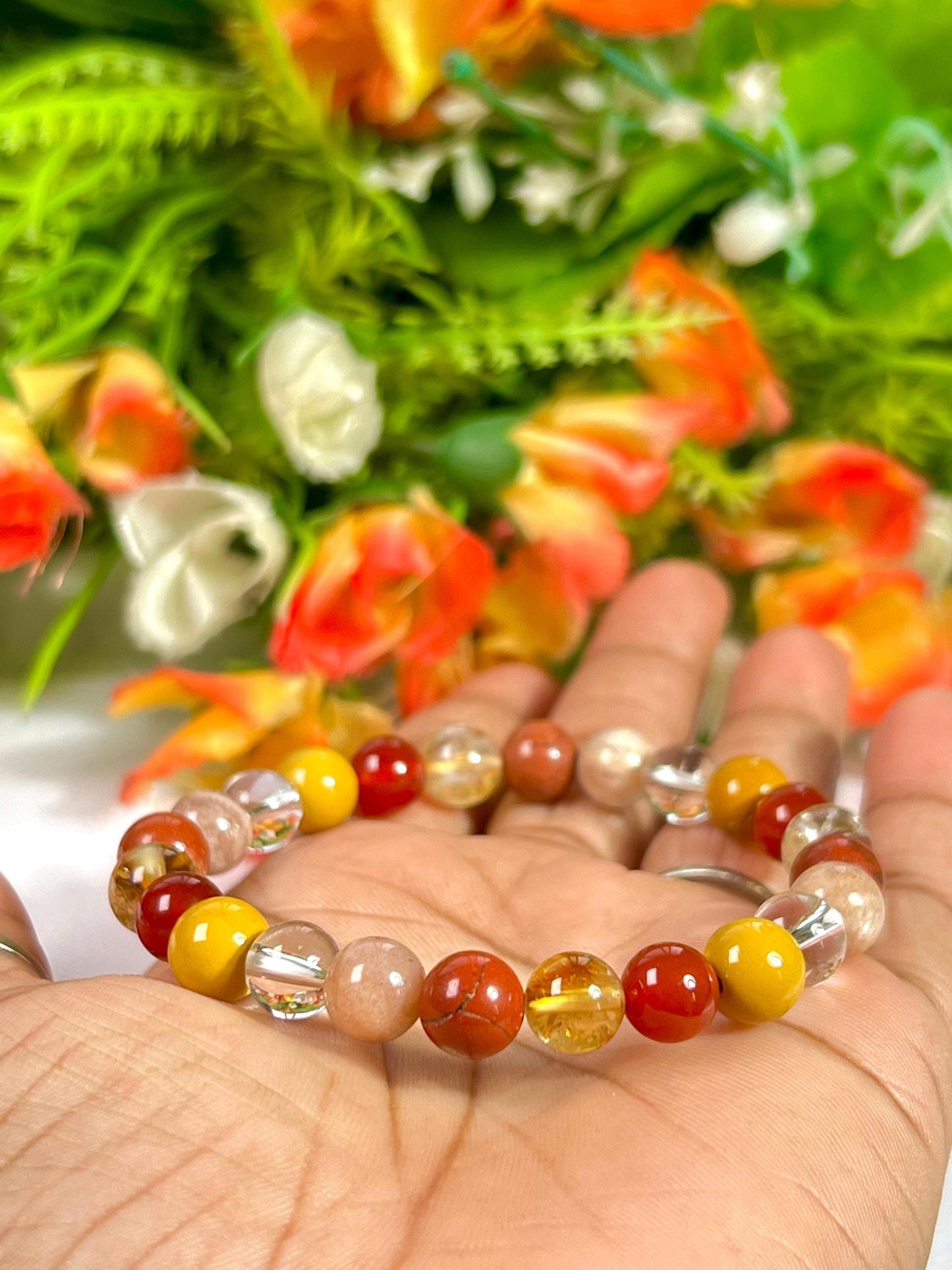 Positive Energy Stone Bracelet l Himalayan Crystal, Yellow Jasper, Carnelian, Citrine, Red Jasper, Peach Moonstone 8 MM Beads Bracelet