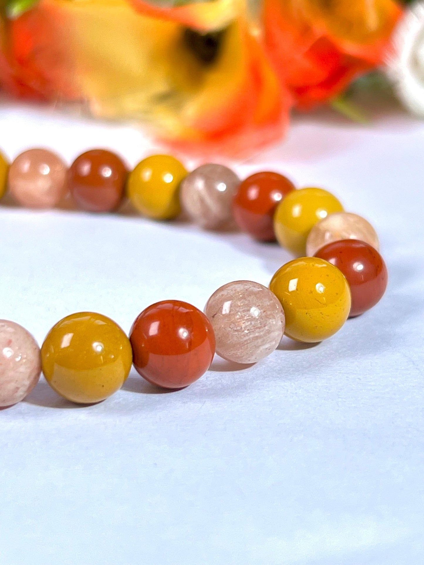 For Grand Daughter Bracelet l Peach Moonstone, Red Jasper , Yellow Jasper Stone 8 MM Beads Bracelet