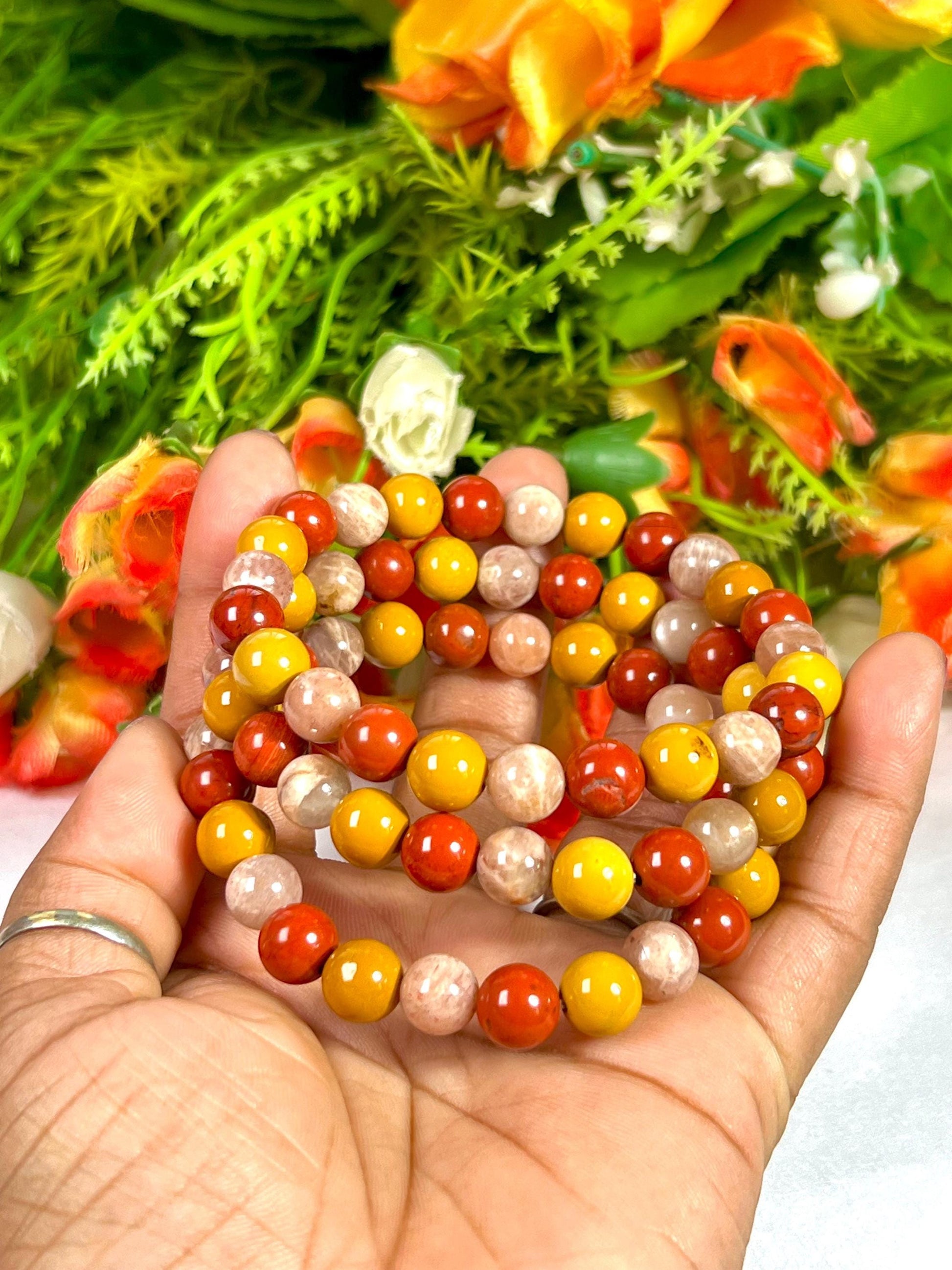 For Grand Daughter Bracelet l Peach Moonstone, Red Jasper , Yellow Jasper Stone 8 MM Beads Bracelet