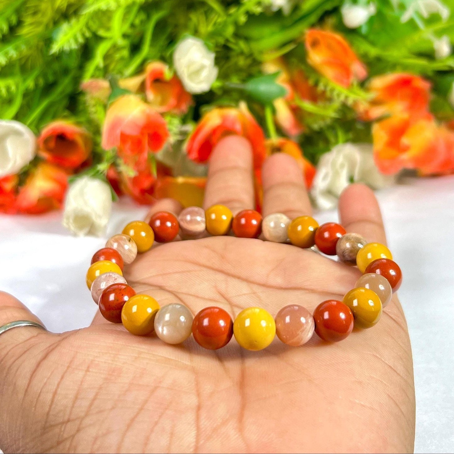 For Grand Daughter Bracelet l Peach Moonstone, Red Jasper , Yellow Jasper Stone 8 MM Beads Bracelet
