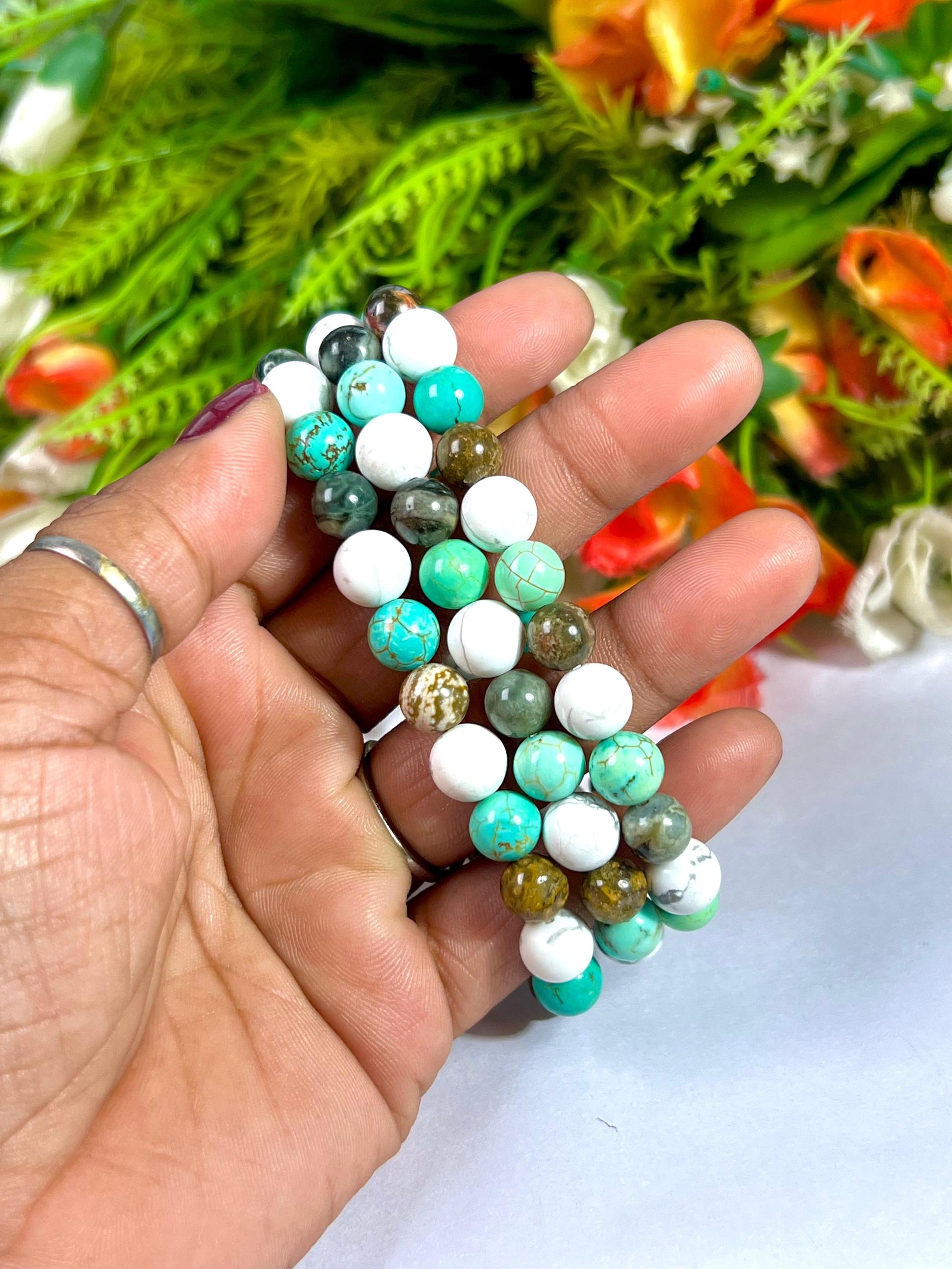 For Cousin Bracelet l Ocean Jasper , Howlite , Howlite Turquoise Stone  8 MM Beads Bracelet