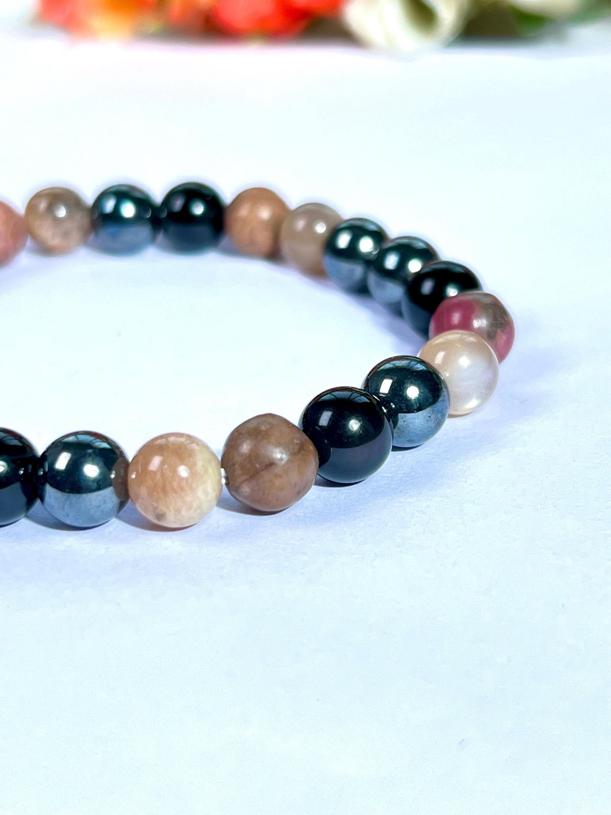For Father / Dad / Papa Bracelet l Rhodonite , Black Moonstone , Hematite, Black Obsidian Stone 8 MM Beads Bracelet