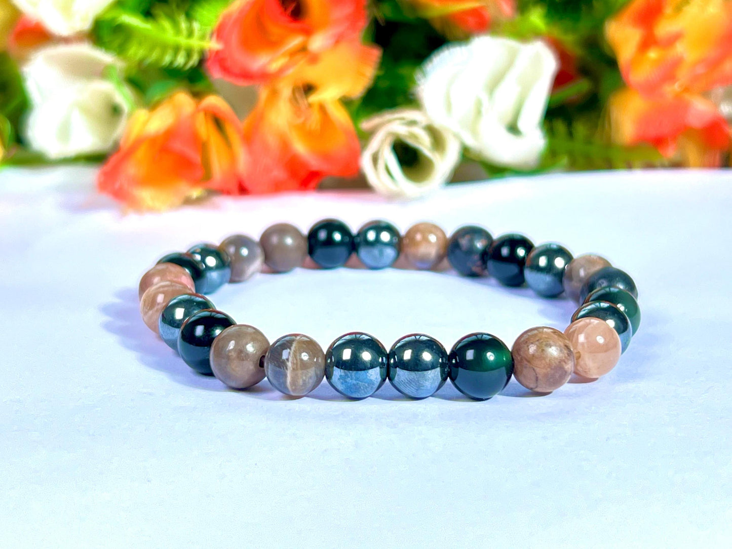 For Father / Dad / Papa Bracelet l Rhodonite , Black Moonstone , Hematite, Black Obsidian Stone 8 MM Beads Bracelet