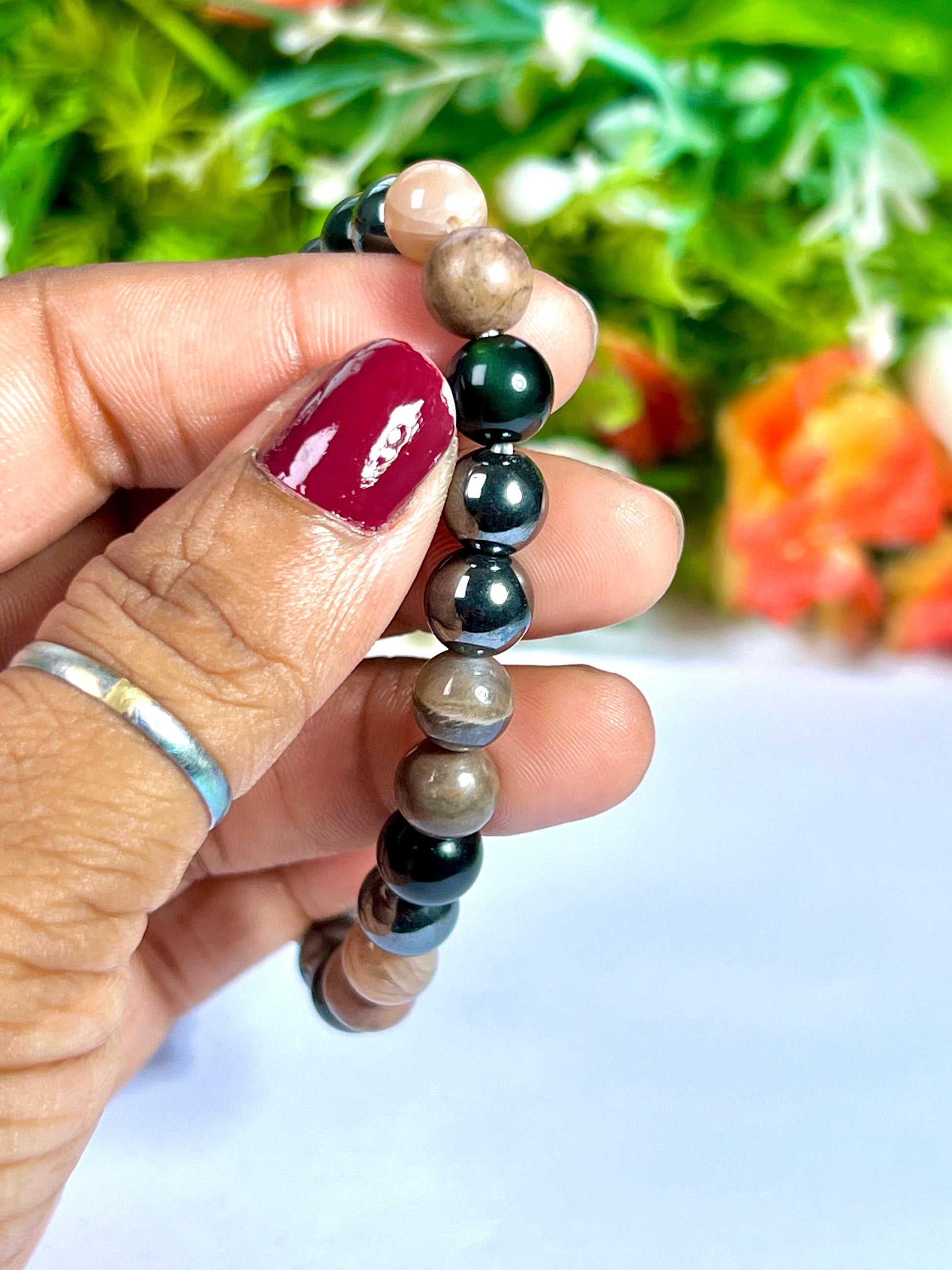 For Father / Dad / Papa Bracelet l Rhodonite , Black Moonstone , Hematite, Black Obsidian Stone 8 MM Beads Bracelet