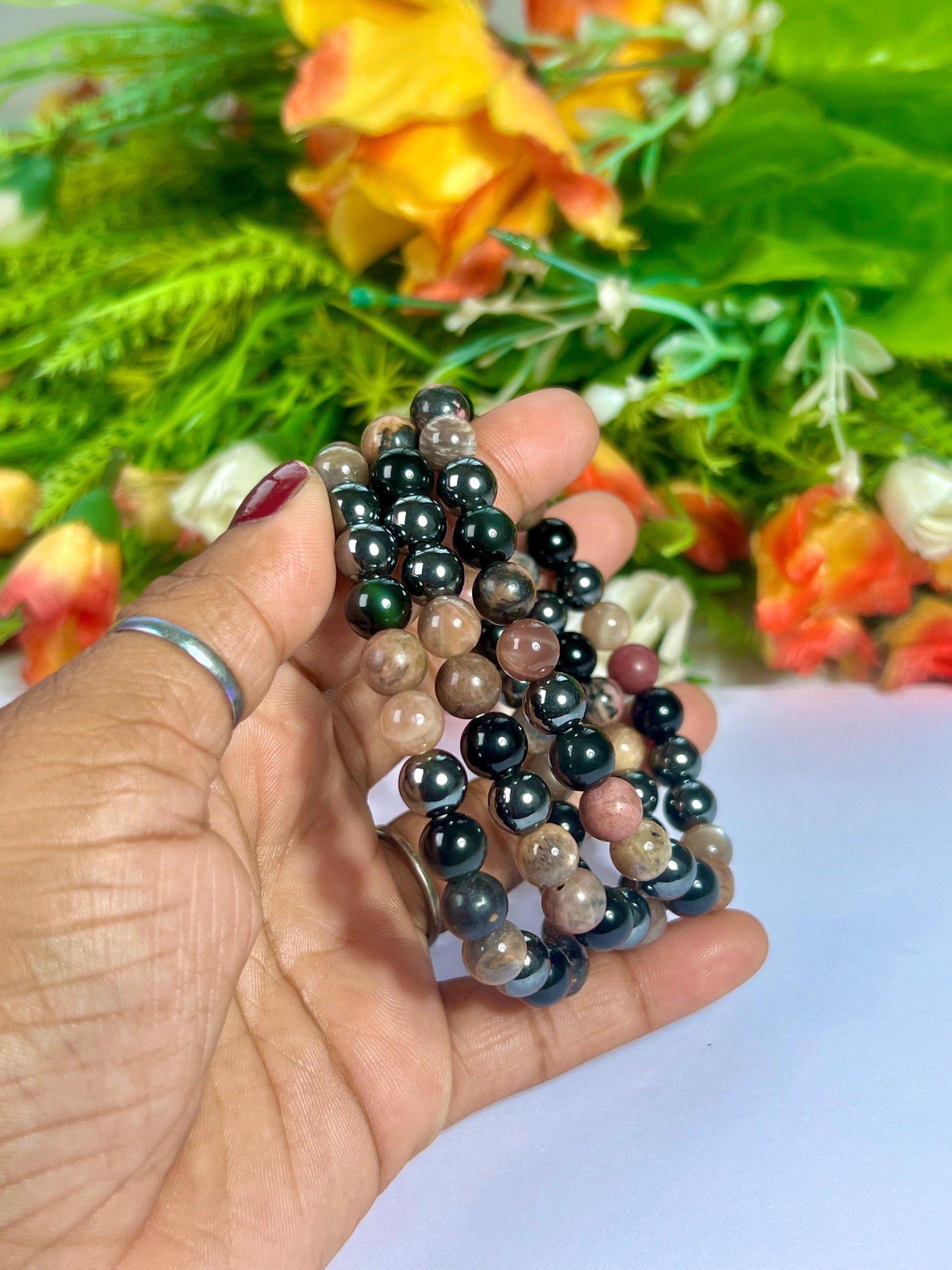For Father / Dad / Papa Bracelet l Rhodonite , Black Moonstone , Hematite, Black Obsidian Stone 8 MM Beads Bracelet