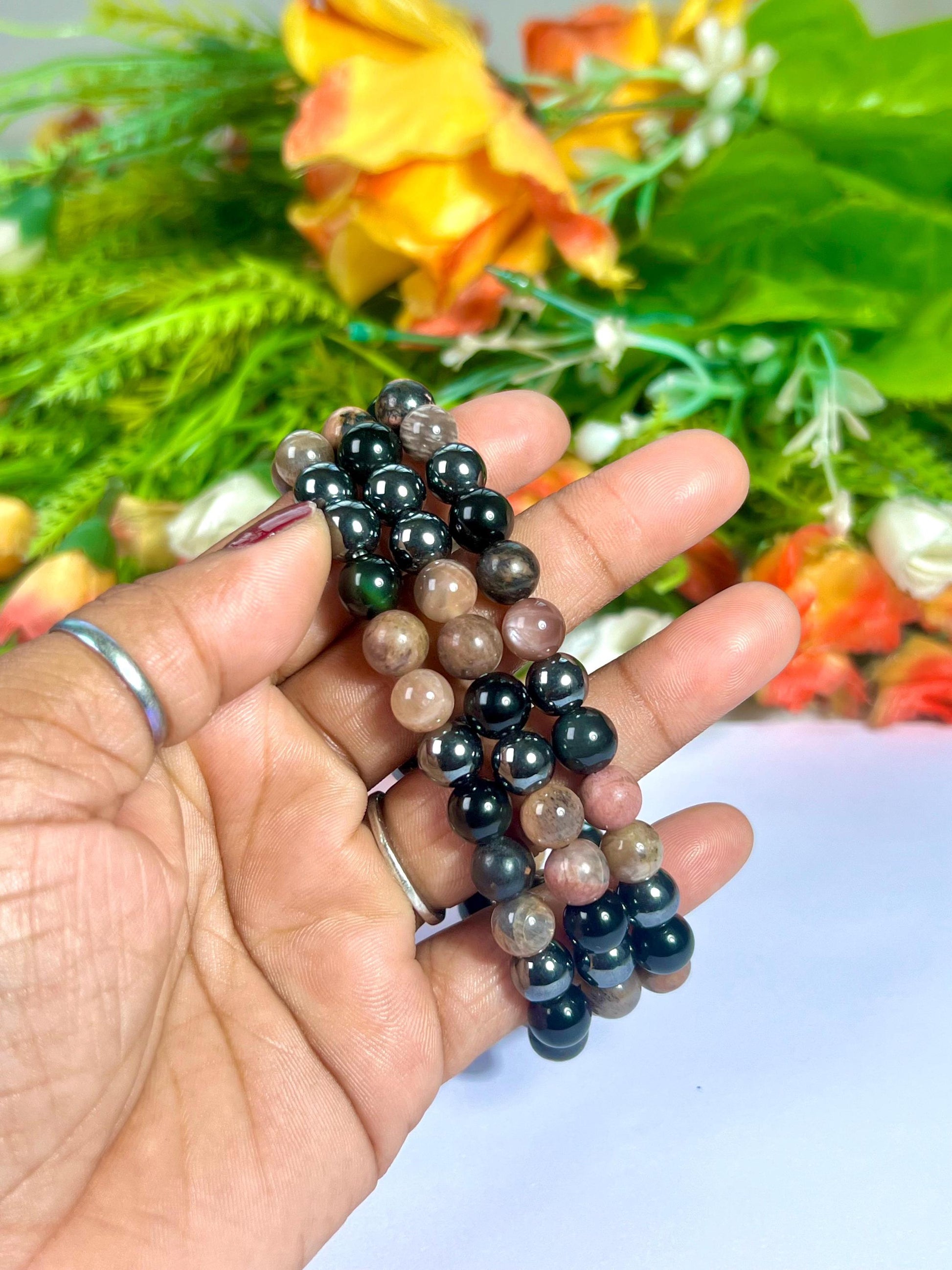 For Father / Dad / Papa Bracelet l Rhodonite , Black Moonstone , Hematite, Black Obsidian Stone 8 MM Beads Bracelet