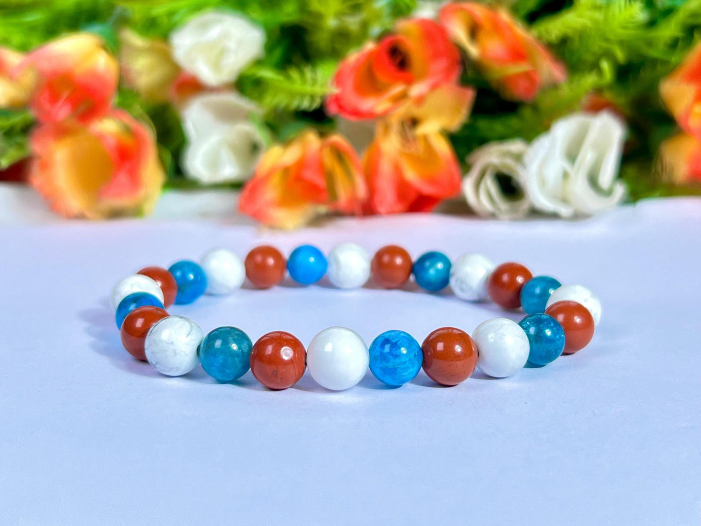 For Soulmate Bracelet l Blue Apatite , Howlite , Red Jasper Stone  8 MM Beads Bracelet