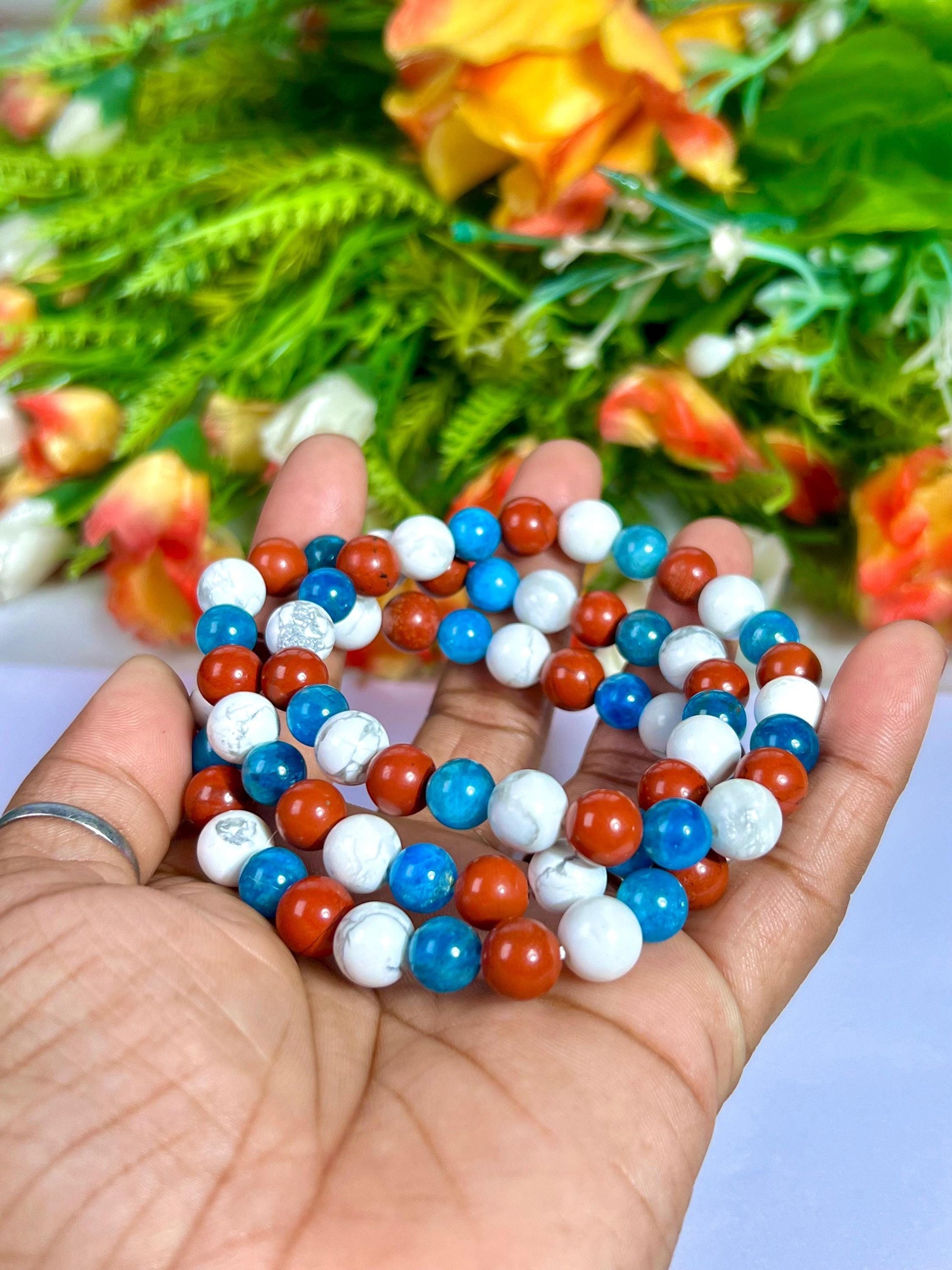 For Soulmate Bracelet l Blue Apatite , Howlite , Red Jasper Stone  8 MM Beads Bracelet