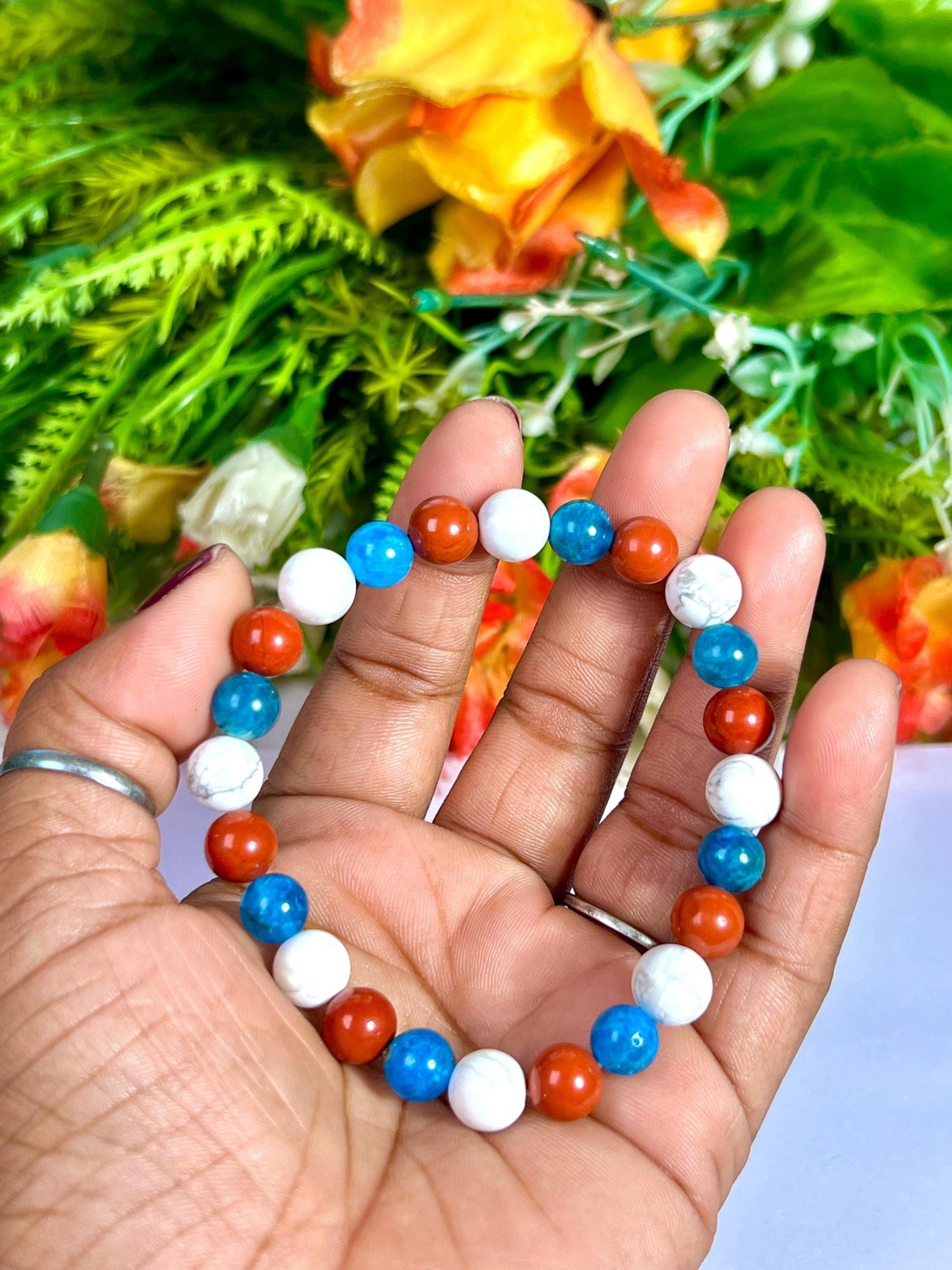 For Soulmate Bracelet l Blue Apatite , Howlite , Red Jasper Stone  8 MM Beads Bracelet
