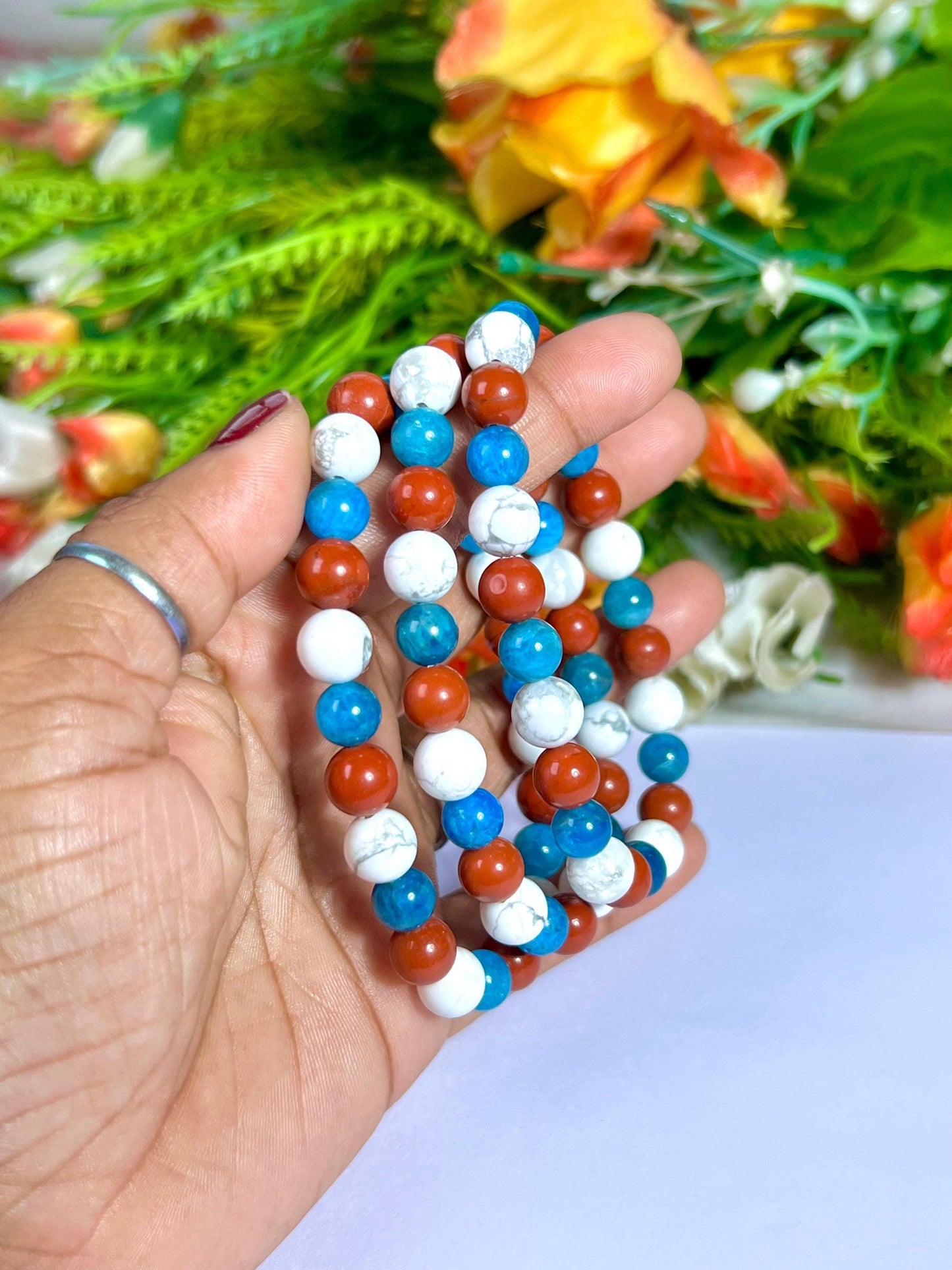 For Soulmate Bracelet l Blue Apatite , Howlite , Red Jasper Stone  8 MM Beads Bracelet