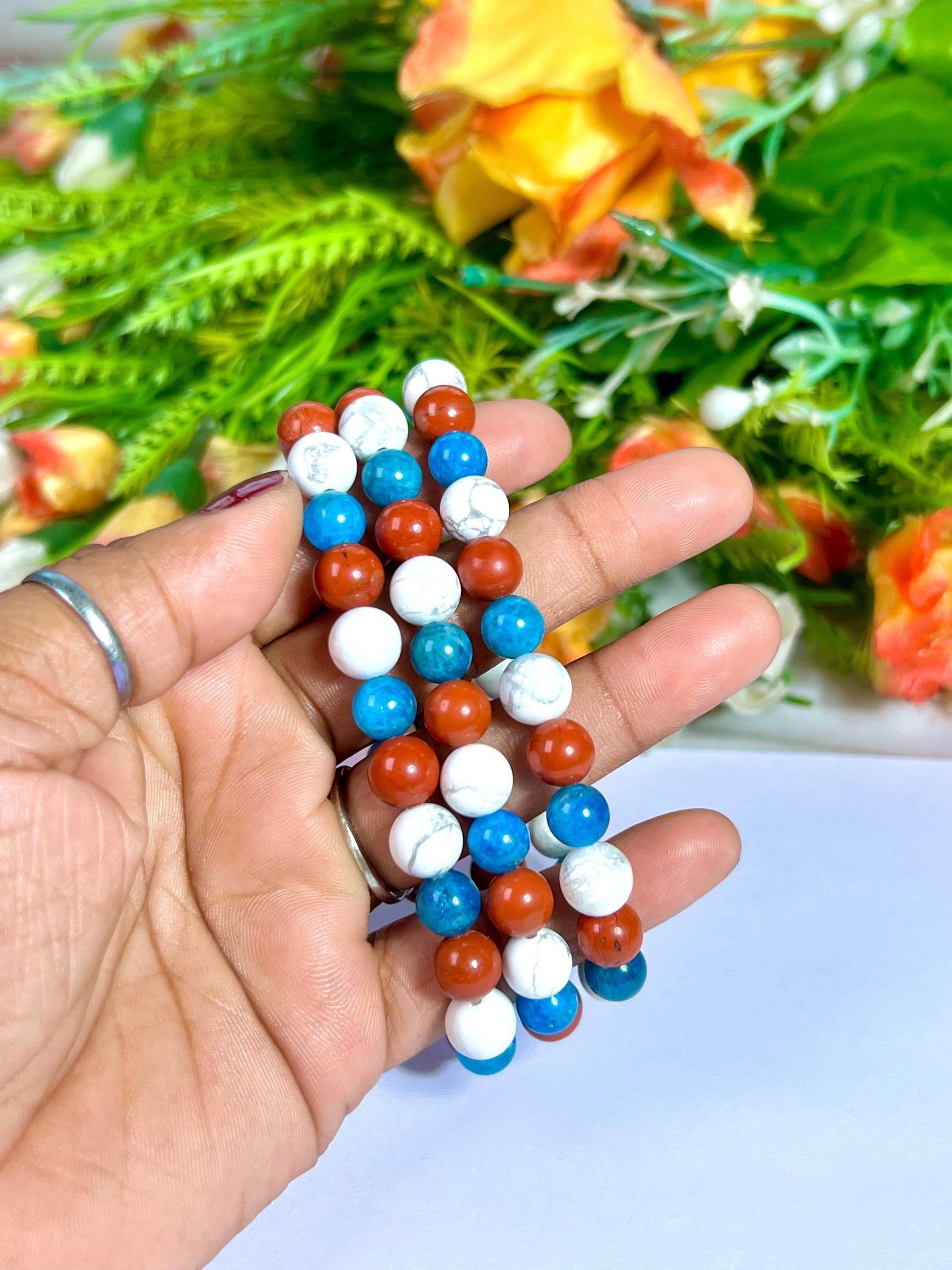 For Soulmate Bracelet l Blue Apatite , Howlite , Red Jasper Stone  8 MM Beads Bracelet