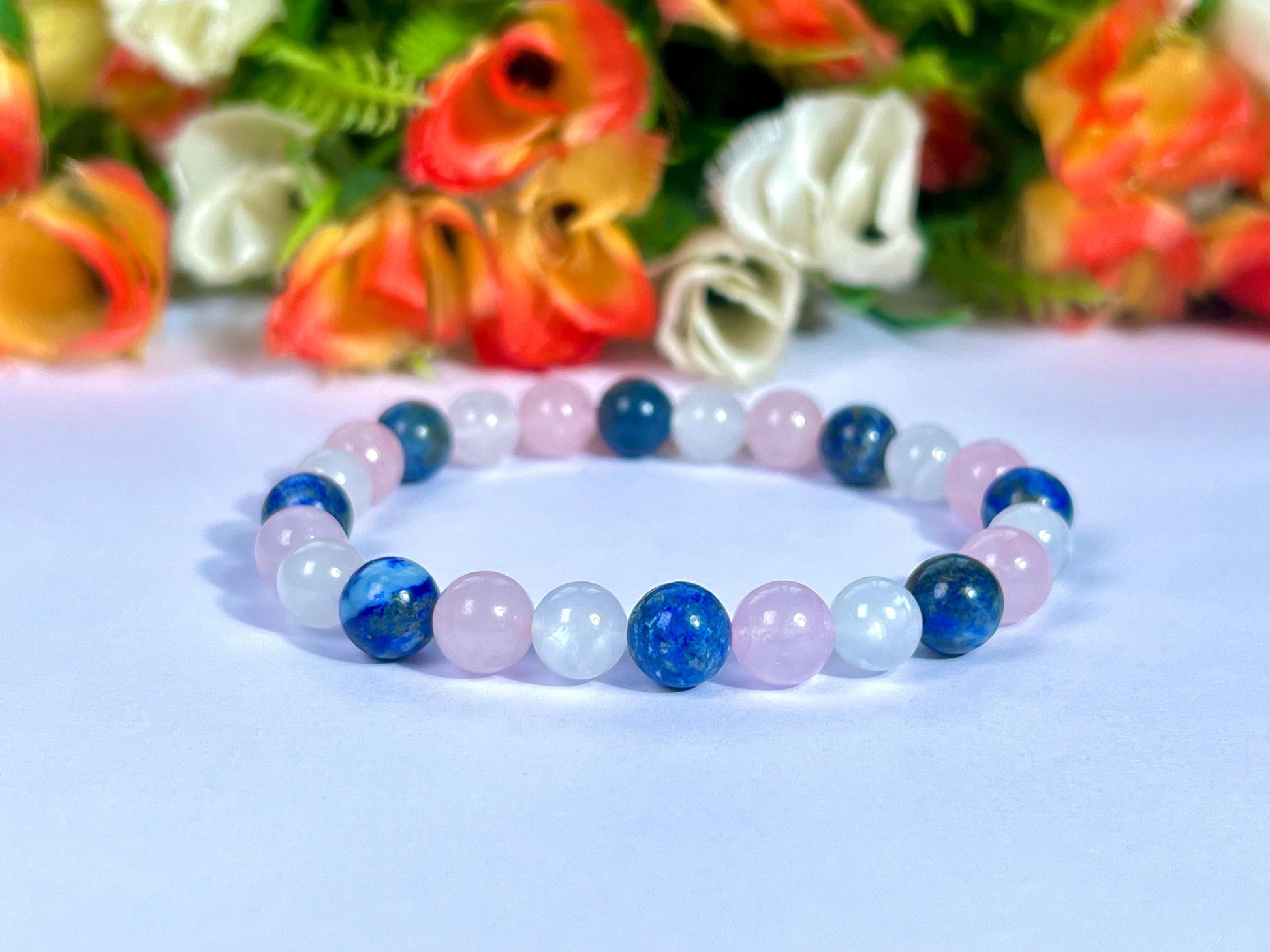 For Niece Bracelet l Rose Quartz , Lapis Lazuli , Rainbow Moonstone  8 MM Beads Bracelet
