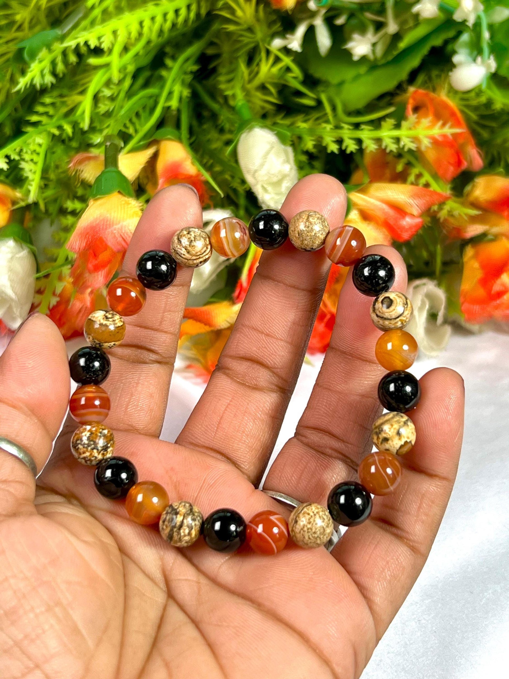 For Nephew Bracelet l Sardonyx , Picture Jasper , Black Tourmaline Stone  8 MM Beads Bracelet