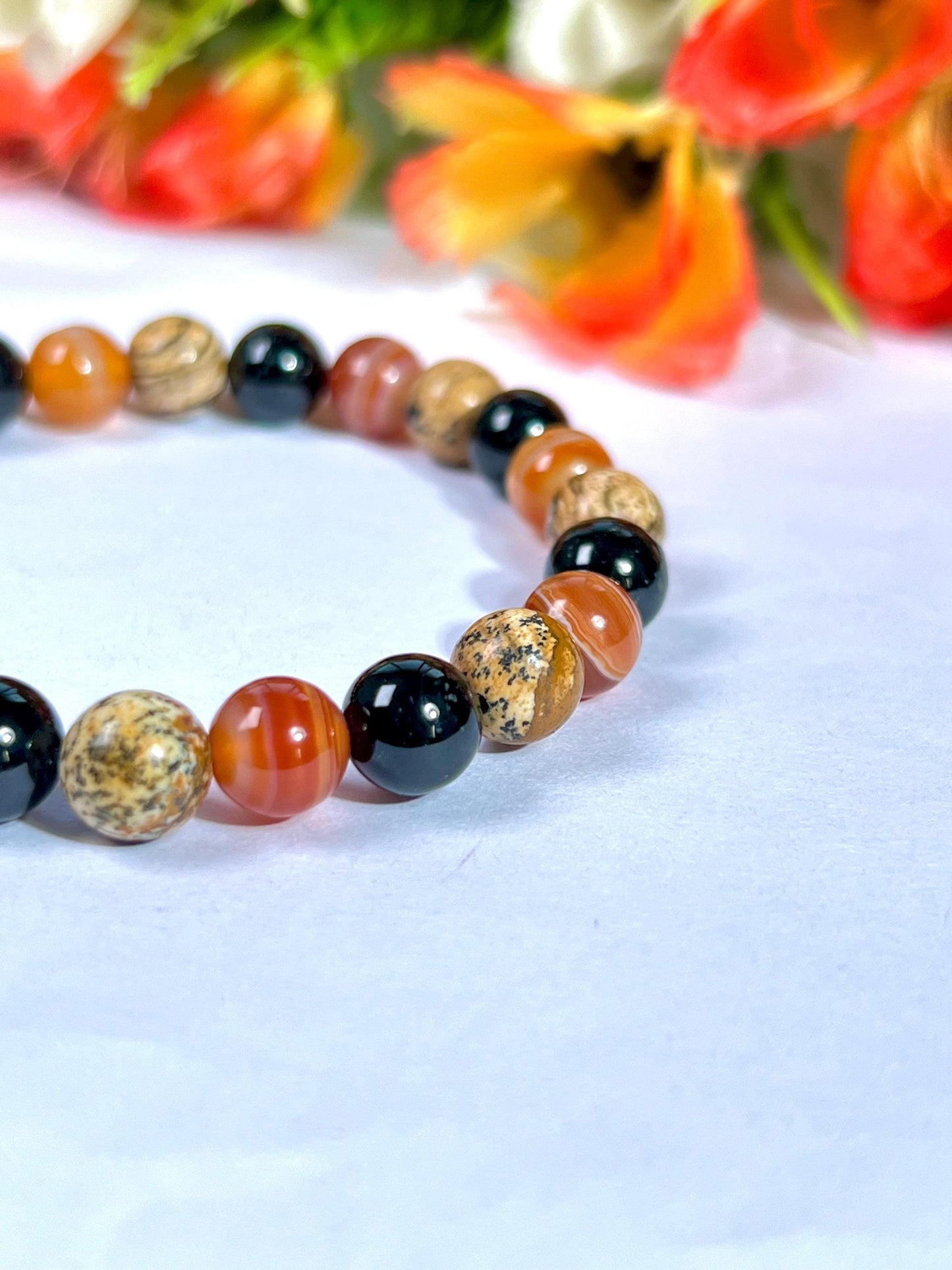 For Nephew Bracelet l Sardonyx , Picture Jasper , Black Tourmaline Stone  8 MM Beads Bracelet
