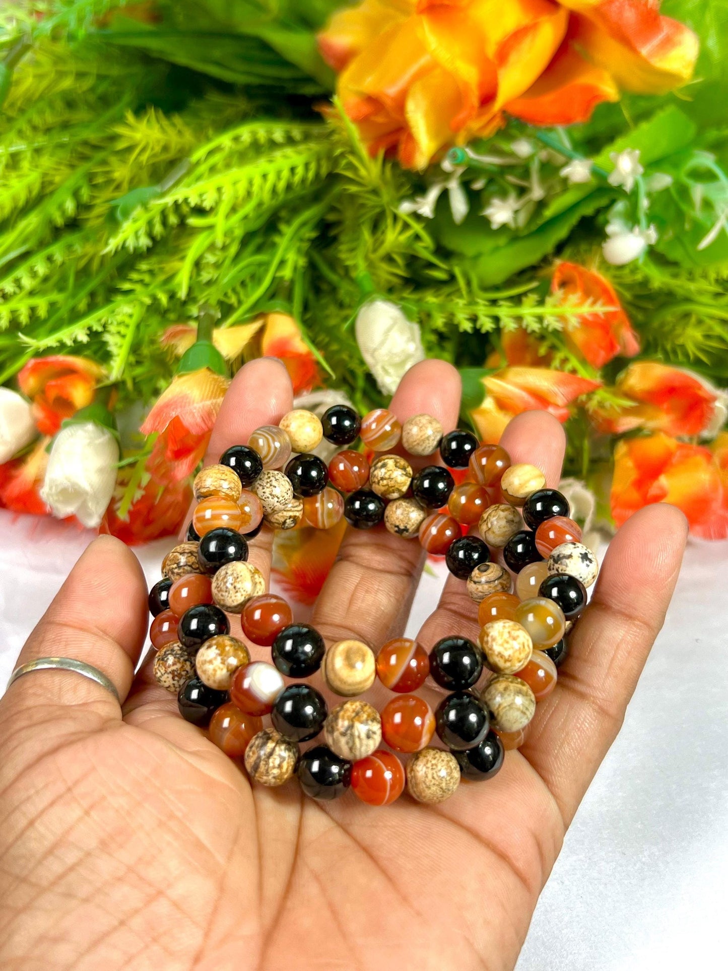 For Nephew Bracelet l Sardonyx , Picture Jasper , Black Tourmaline Stone  8 MM Beads Bracelet
