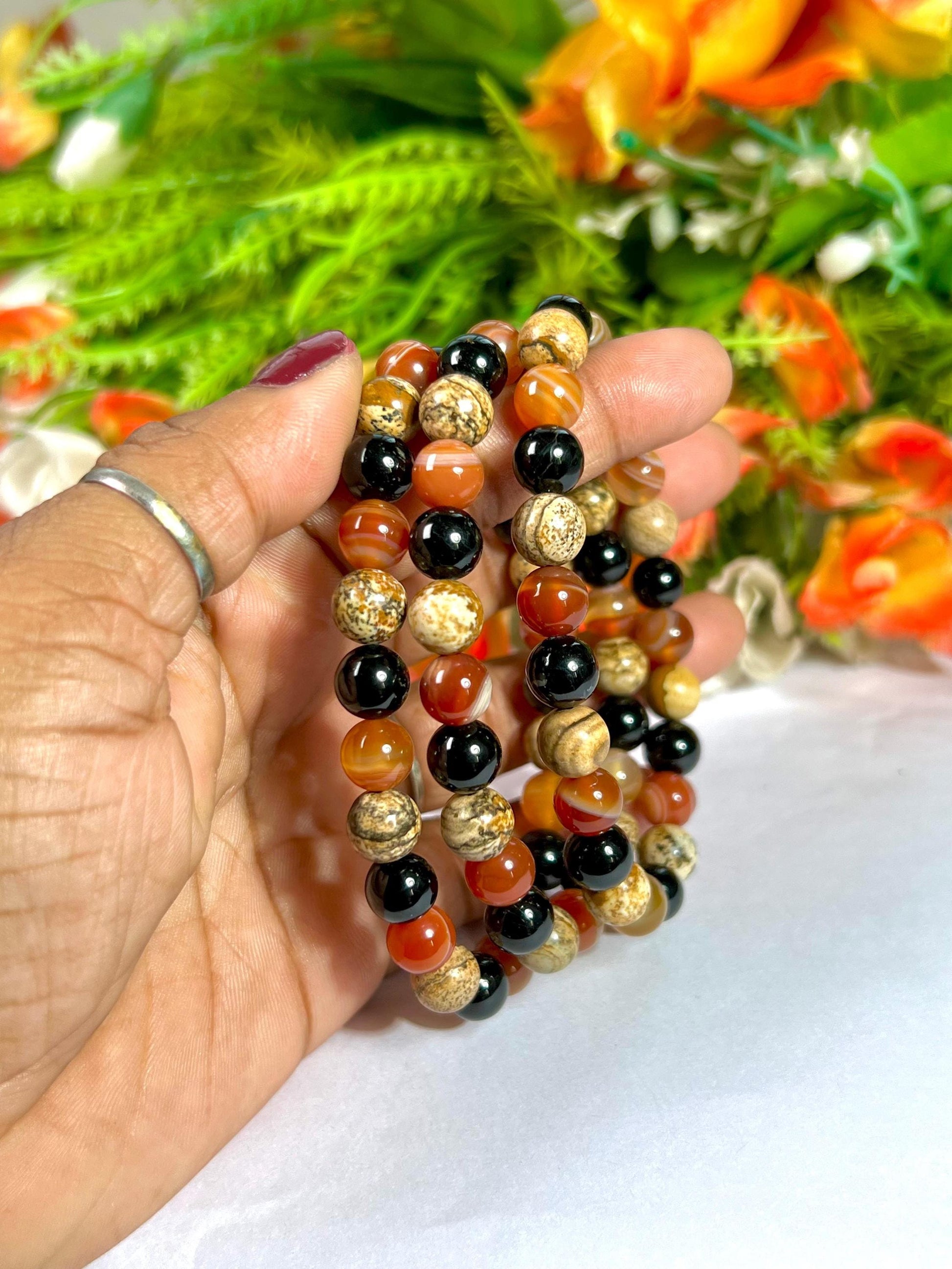 For Nephew Bracelet l Sardonyx , Picture Jasper , Black Tourmaline Stone  8 MM Beads Bracelet