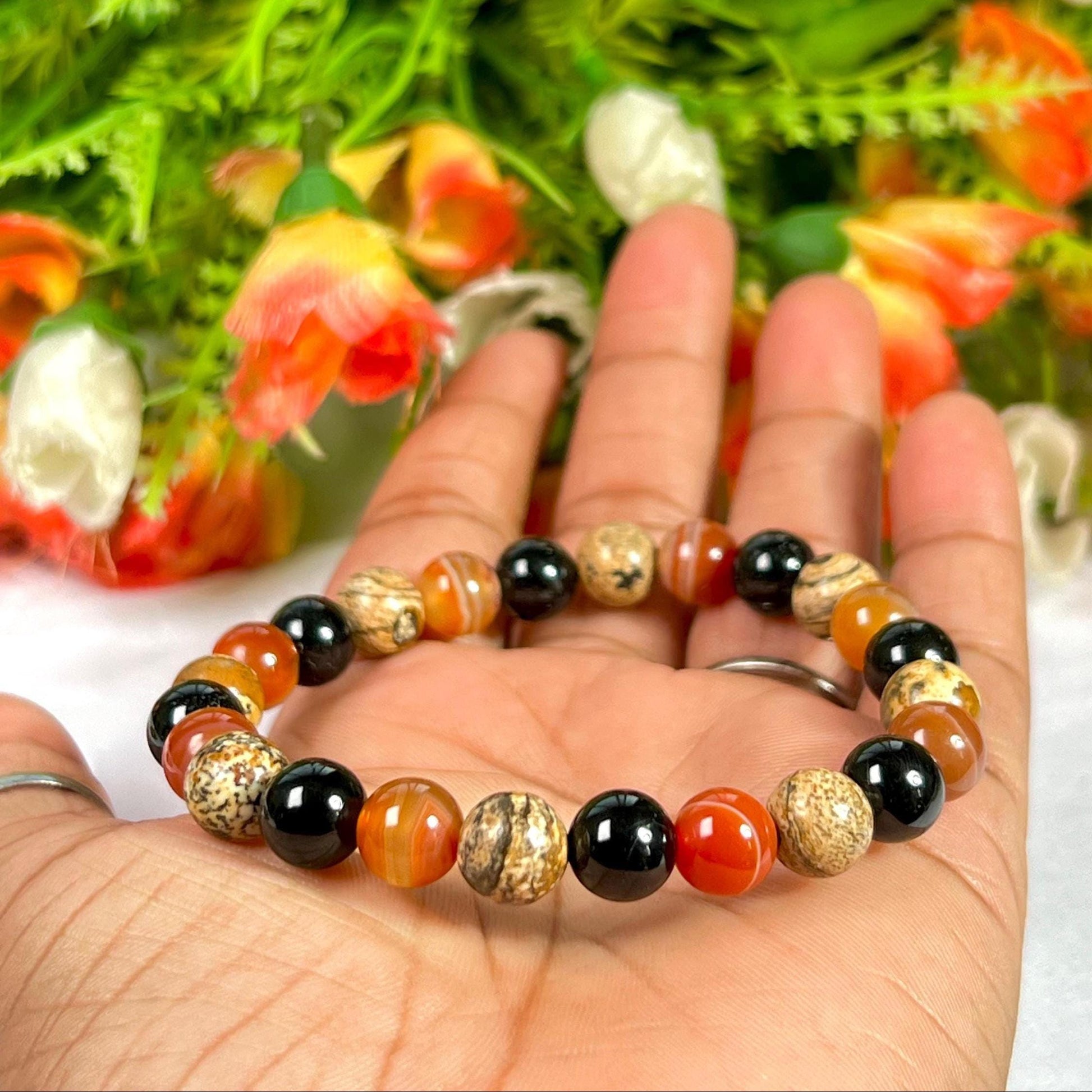 For Nephew Bracelet l Sardonyx , Picture Jasper , Black Tourmaline Stone  8 MM Beads Bracelet