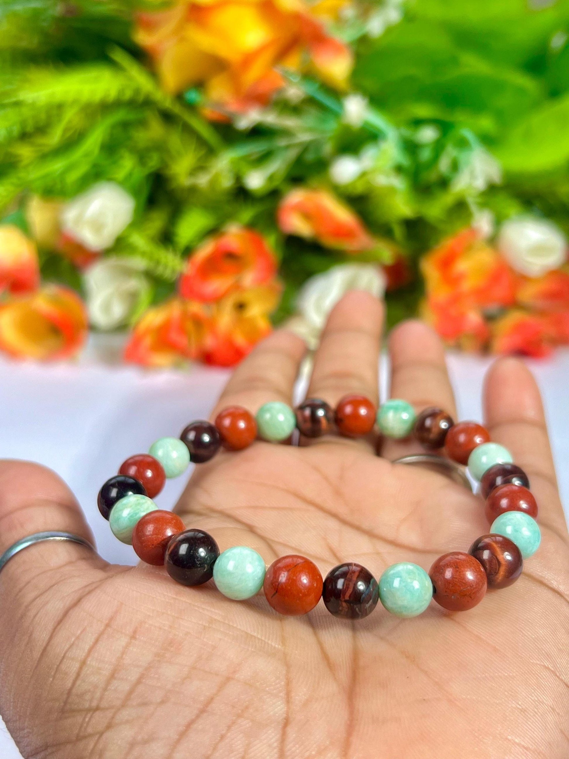 For Someone Special Bracelet l Amazonite, Red Tiger Eye, Red Jasper Stone 8 MM Beads Bracelet