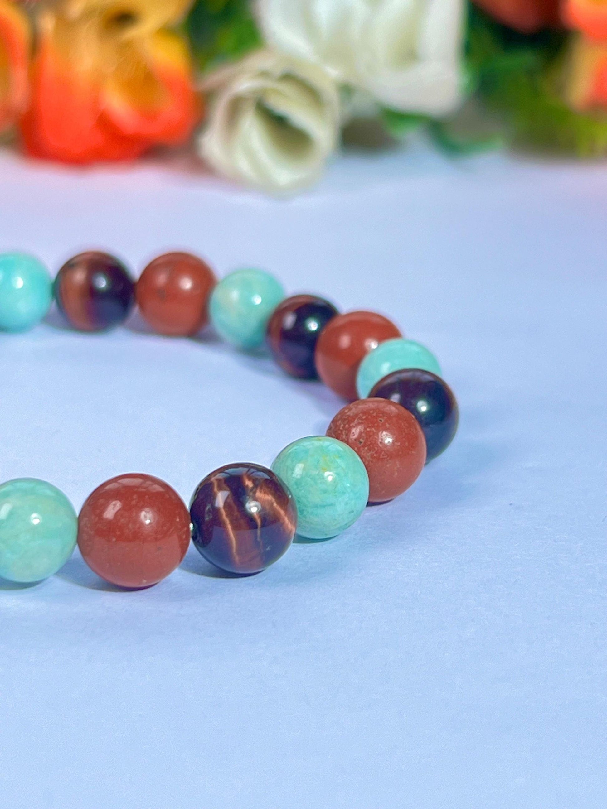 For Someone Special Bracelet l Amazonite, Red Tiger Eye, Red Jasper Stone 8 MM Beads Bracelet