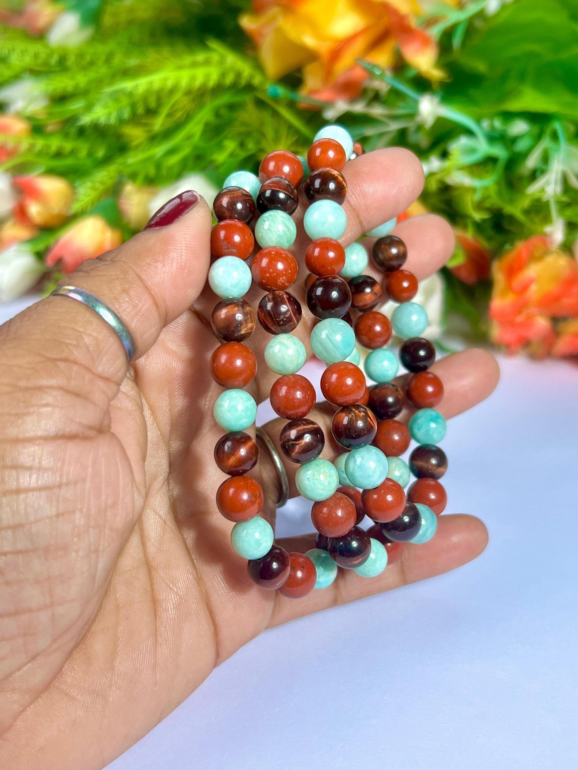 For Someone Special Bracelet l Amazonite, Red Tiger Eye, Red Jasper Stone 8 MM Beads Bracelet