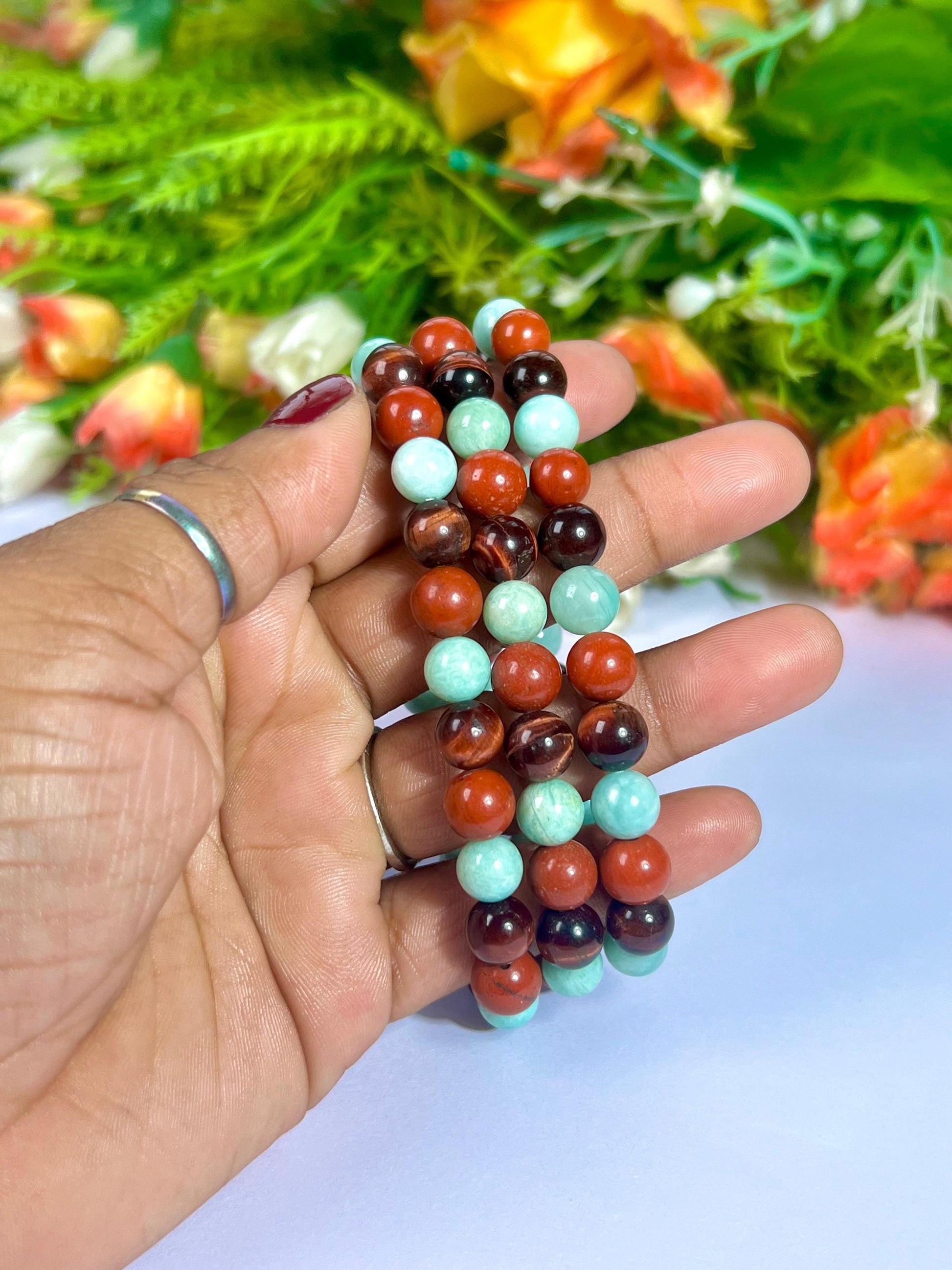 For Someone Special Bracelet l Amazonite, Red Tiger Eye, Red Jasper Stone 8 MM Beads Bracelet