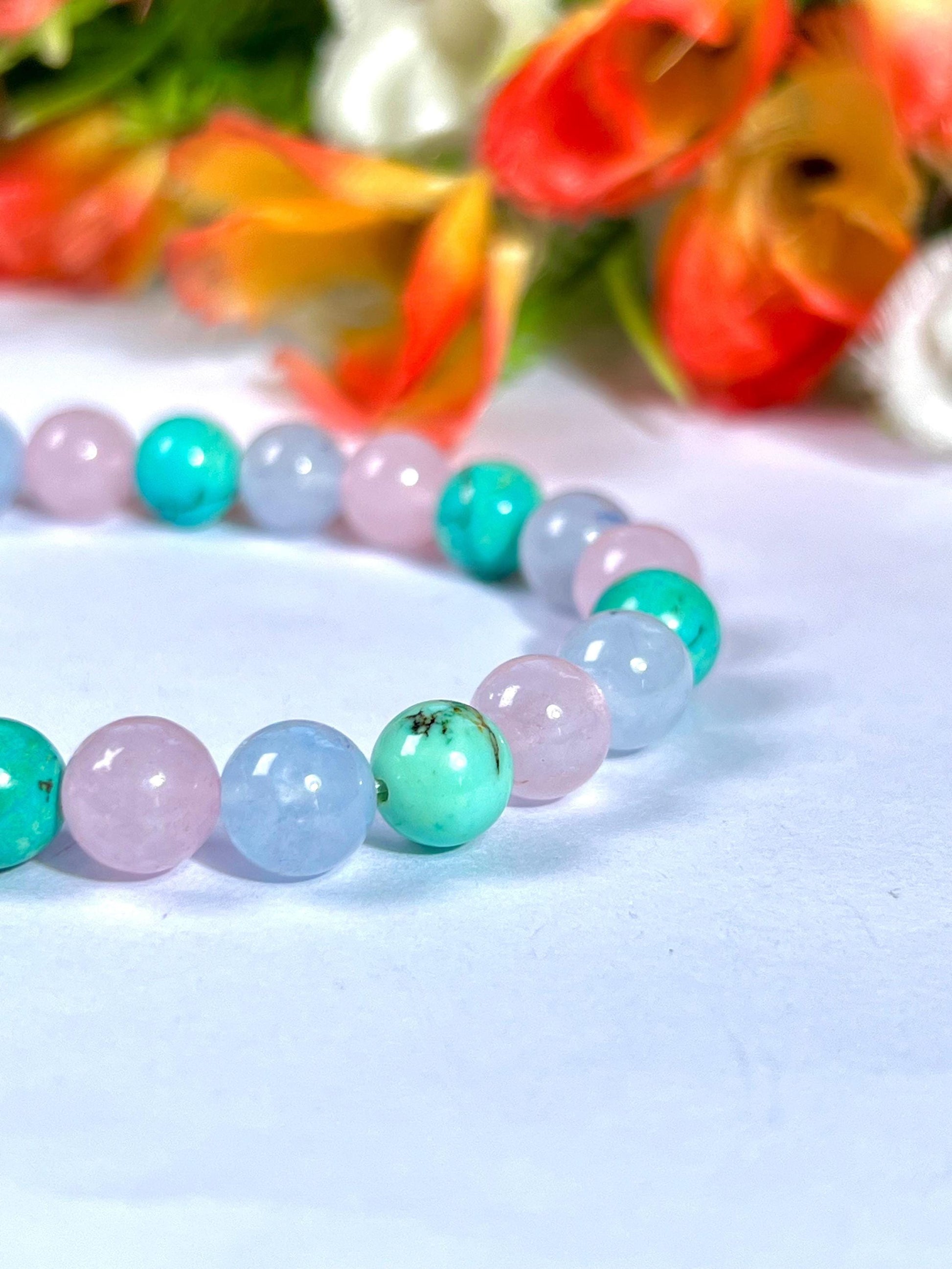 For Grandmother, Grandma, Nanny, Nannie, Granny, Bracelet l Howlite Turquoise  ,Aquamarine , Rose Quartz Stone  8 MM Beads Bracelet