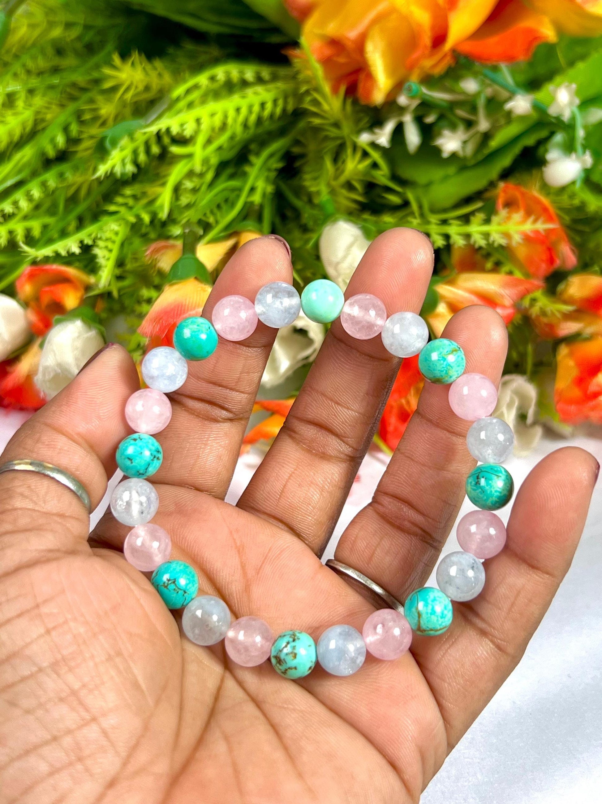 For Grandmother, Grandma, Nanny, Nannie, Granny, Bracelet l Howlite Turquoise  ,Aquamarine , Rose Quartz Stone  8 MM Beads Bracelet