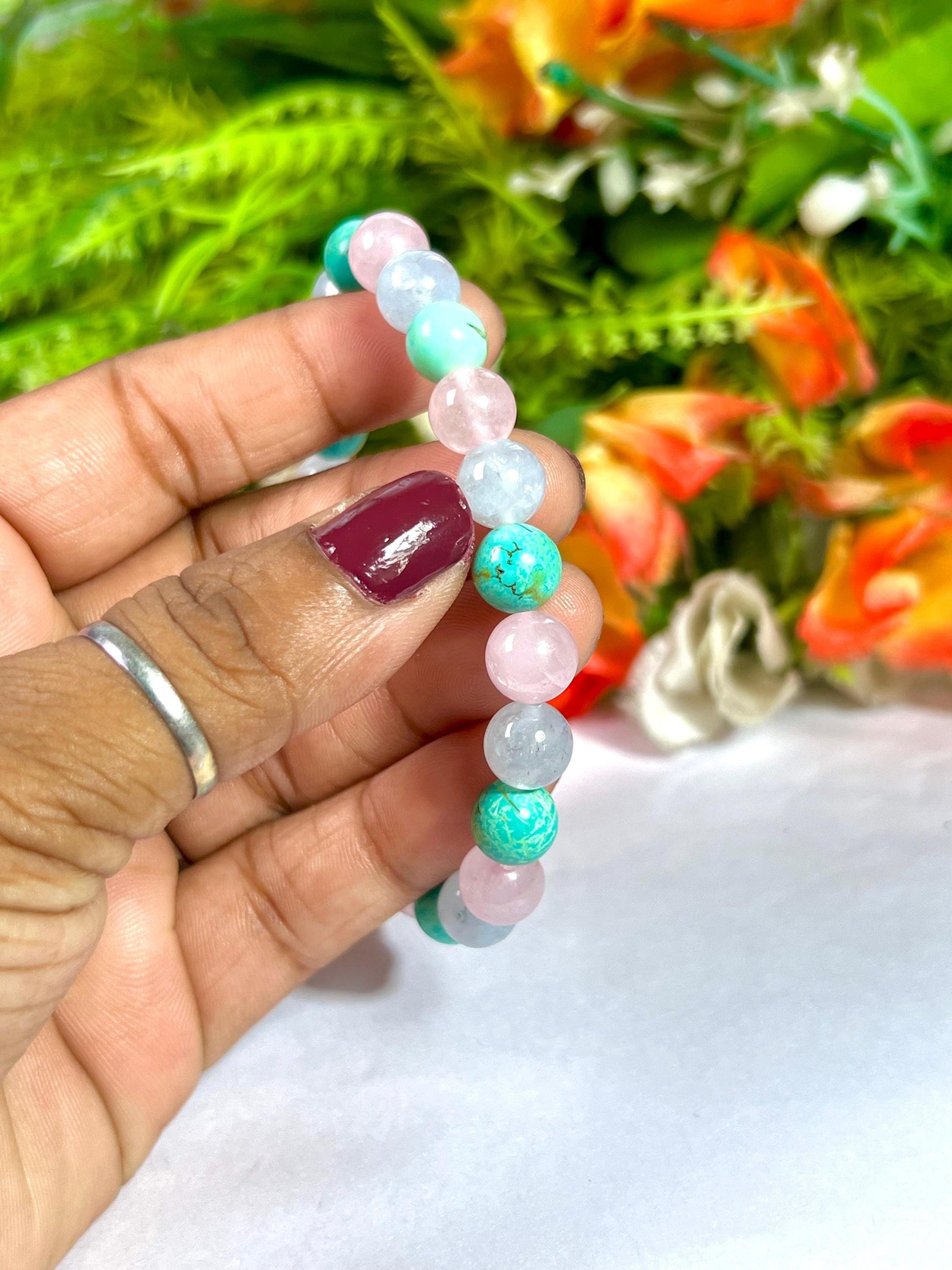 For Grandmother, Grandma, Nanny, Nannie, Granny, Bracelet l Howlite Turquoise  ,Aquamarine , Rose Quartz Stone  8 MM Beads Bracelet