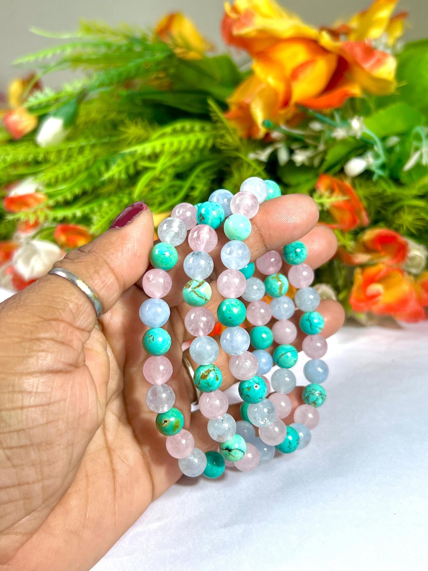 For Grandmother, Grandma, Nanny, Nannie, Granny, Bracelet l Howlite Turquoise  ,Aquamarine , Rose Quartz Stone  8 MM Beads Bracelet