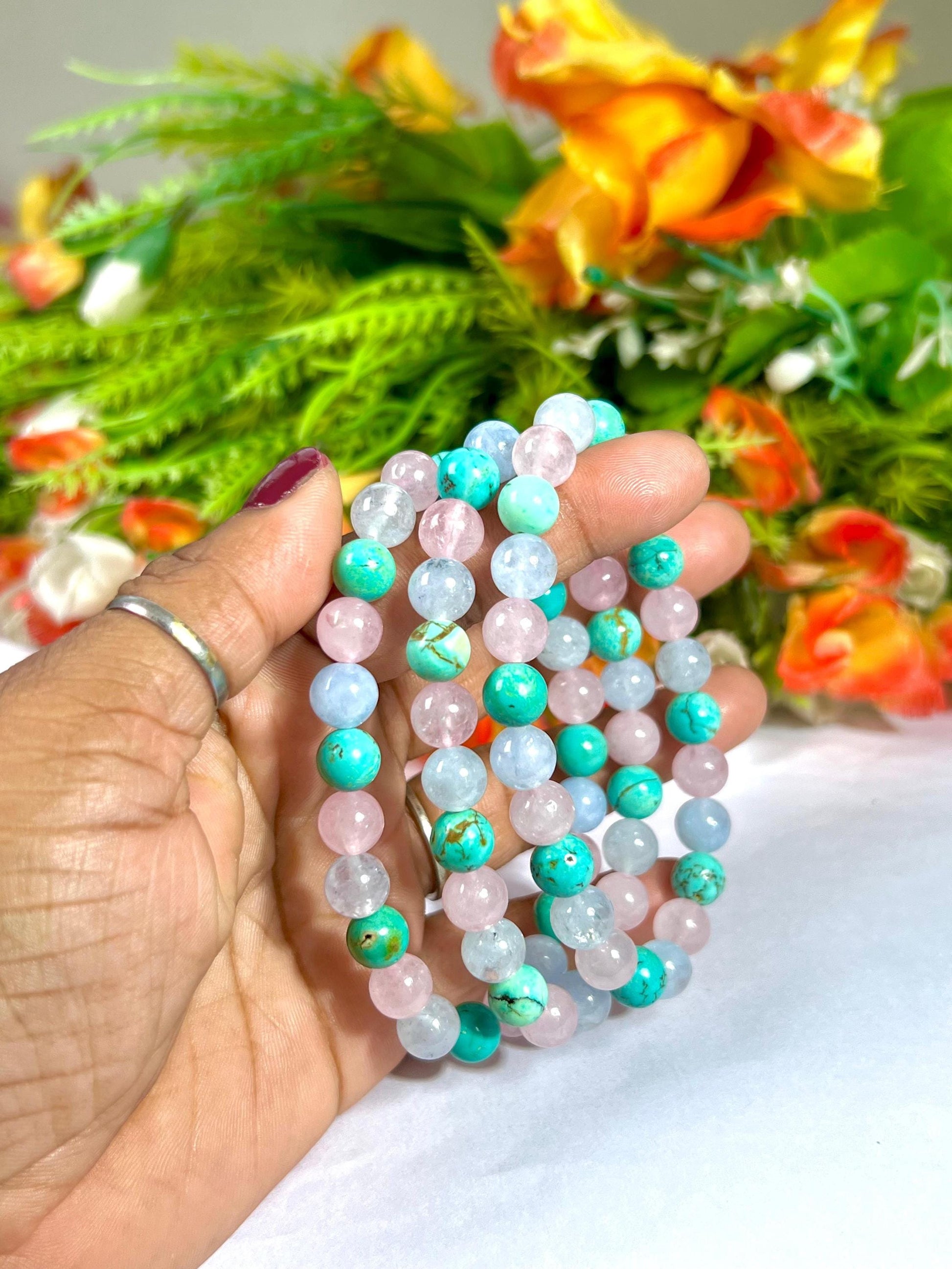 For Grandmother, Grandma, Nanny, Nannie, Granny, Bracelet l Howlite Turquoise  ,Aquamarine , Rose Quartz Stone  8 MM Beads Bracelet