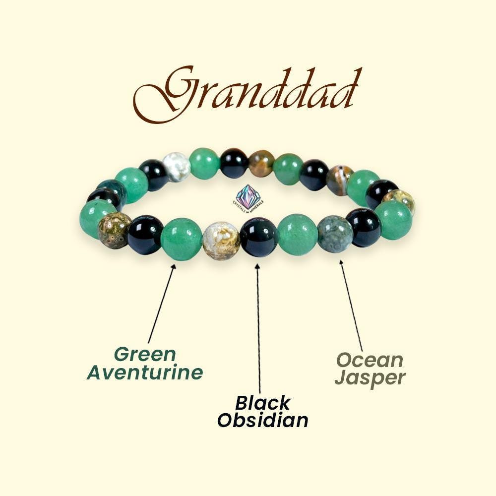 For Grandfather, Granddad, Grandpa, Nana Bracelet l Green Aventurine  ,Black Obsidian , Ocean Jasper Stone  8 MM Beads Bracelet