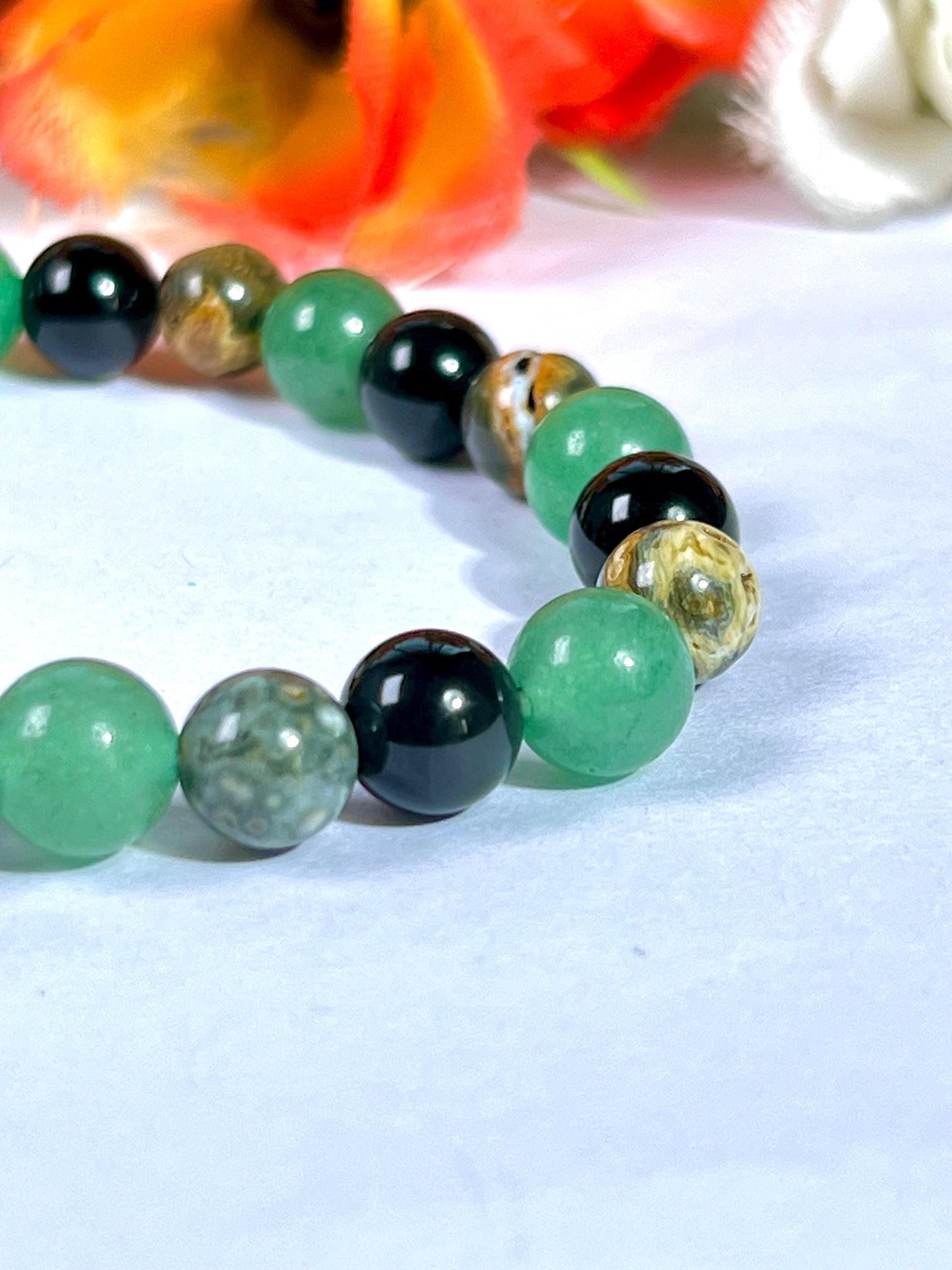 For Grandfather, Granddad, Grandpa, Nana Bracelet l Green Aventurine  ,Black Obsidian , Ocean Jasper Stone  8 MM Beads Bracelet