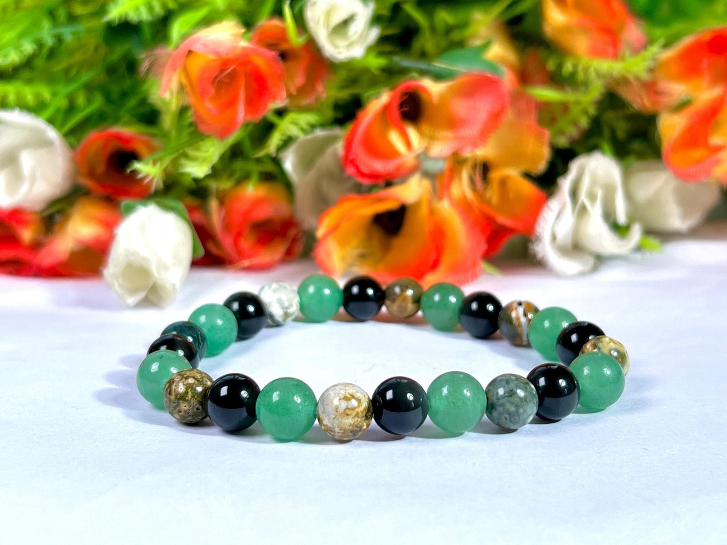For Grandfather, Granddad, Grandpa, Nana Bracelet l Green Aventurine  ,Black Obsidian , Ocean Jasper Stone  8 MM Beads Bracelet