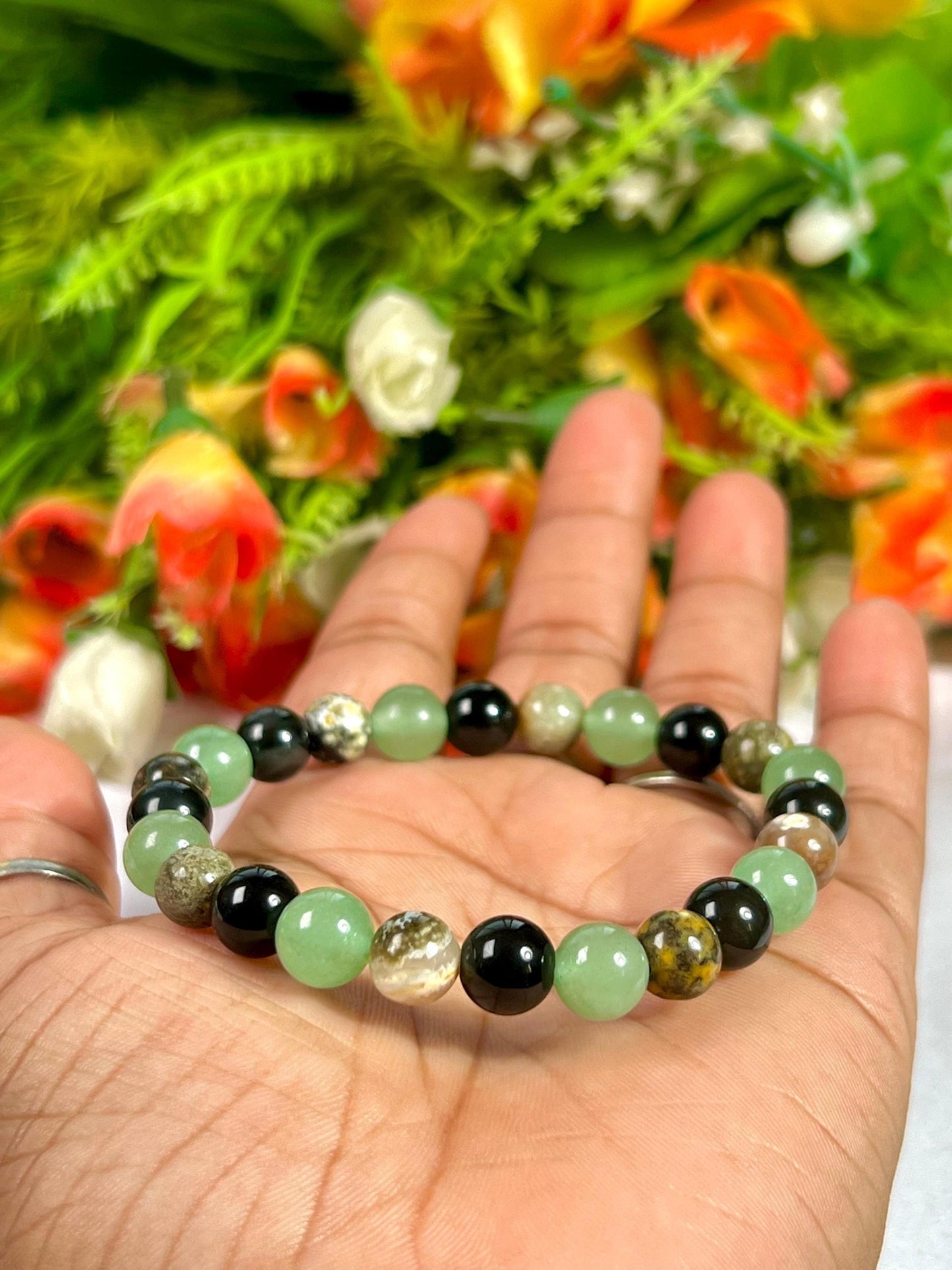 For Grandfather, Granddad, Grandpa, Nana Bracelet l Green Aventurine  ,Black Obsidian , Ocean Jasper Stone  8 MM Beads Bracelet