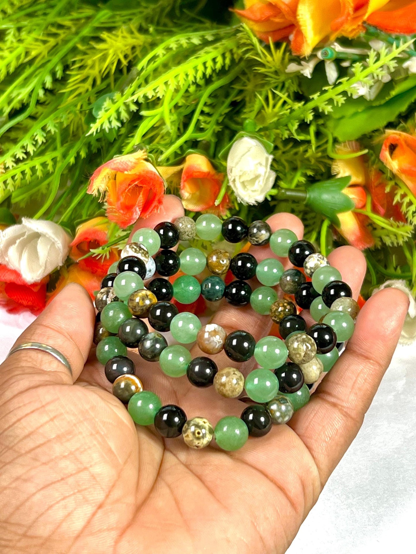 For Grandfather, Granddad, Grandpa, Nana Bracelet l Green Aventurine  ,Black Obsidian , Ocean Jasper Stone  8 MM Beads Bracelet
