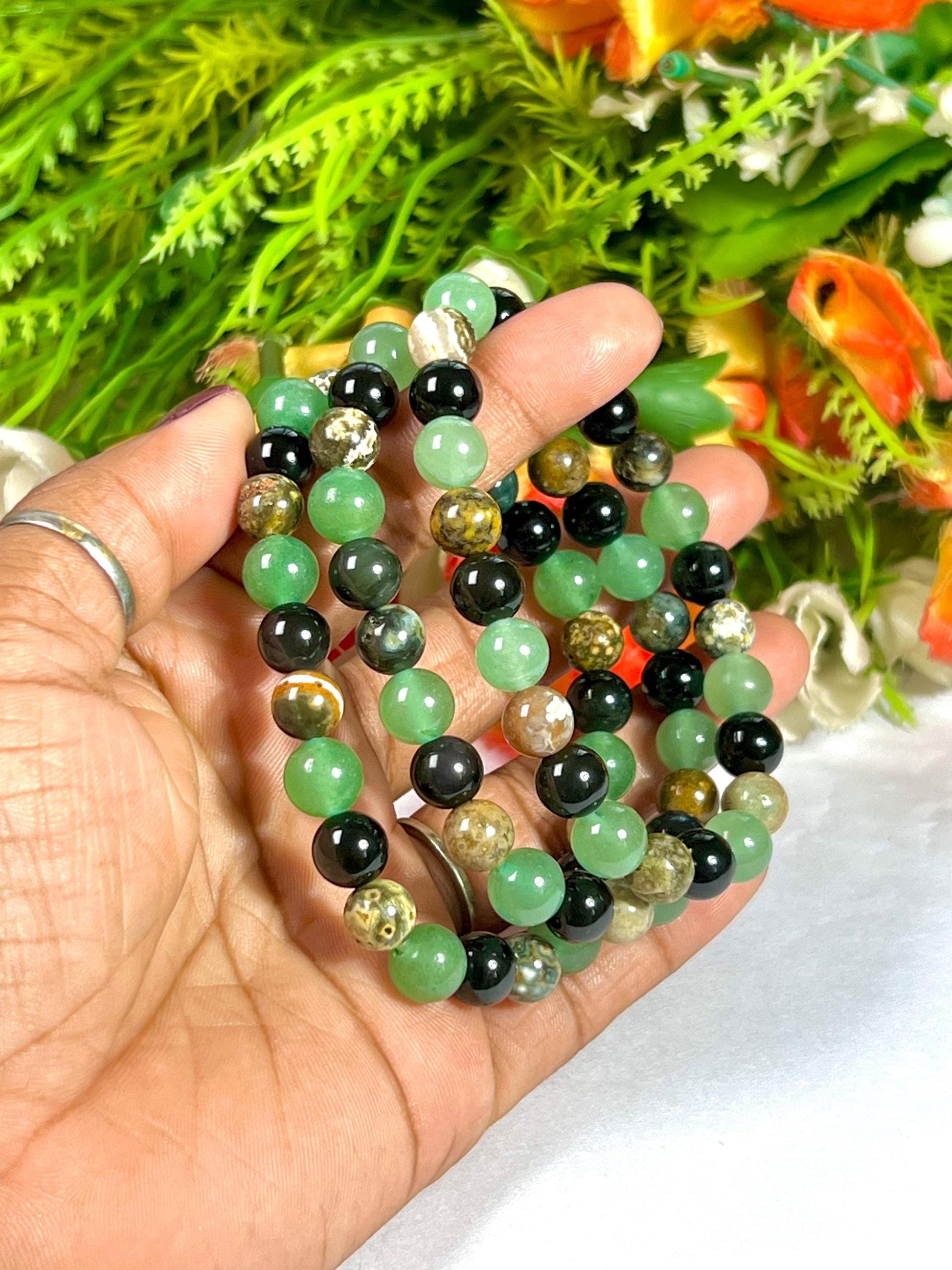 For Grandfather, Granddad, Grandpa, Nana Bracelet l Green Aventurine  ,Black Obsidian , Ocean Jasper Stone  8 MM Beads Bracelet